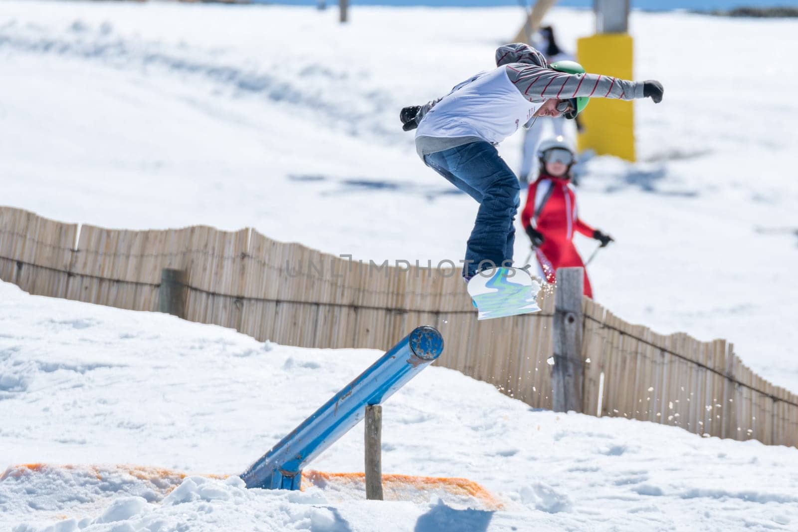 COVILHA, PORTUGAL - APRIL 2, 2017:  Diogo Pombeiro during the National Snowboard  Championships at Serra da Estrela, Covilha, Portugal.