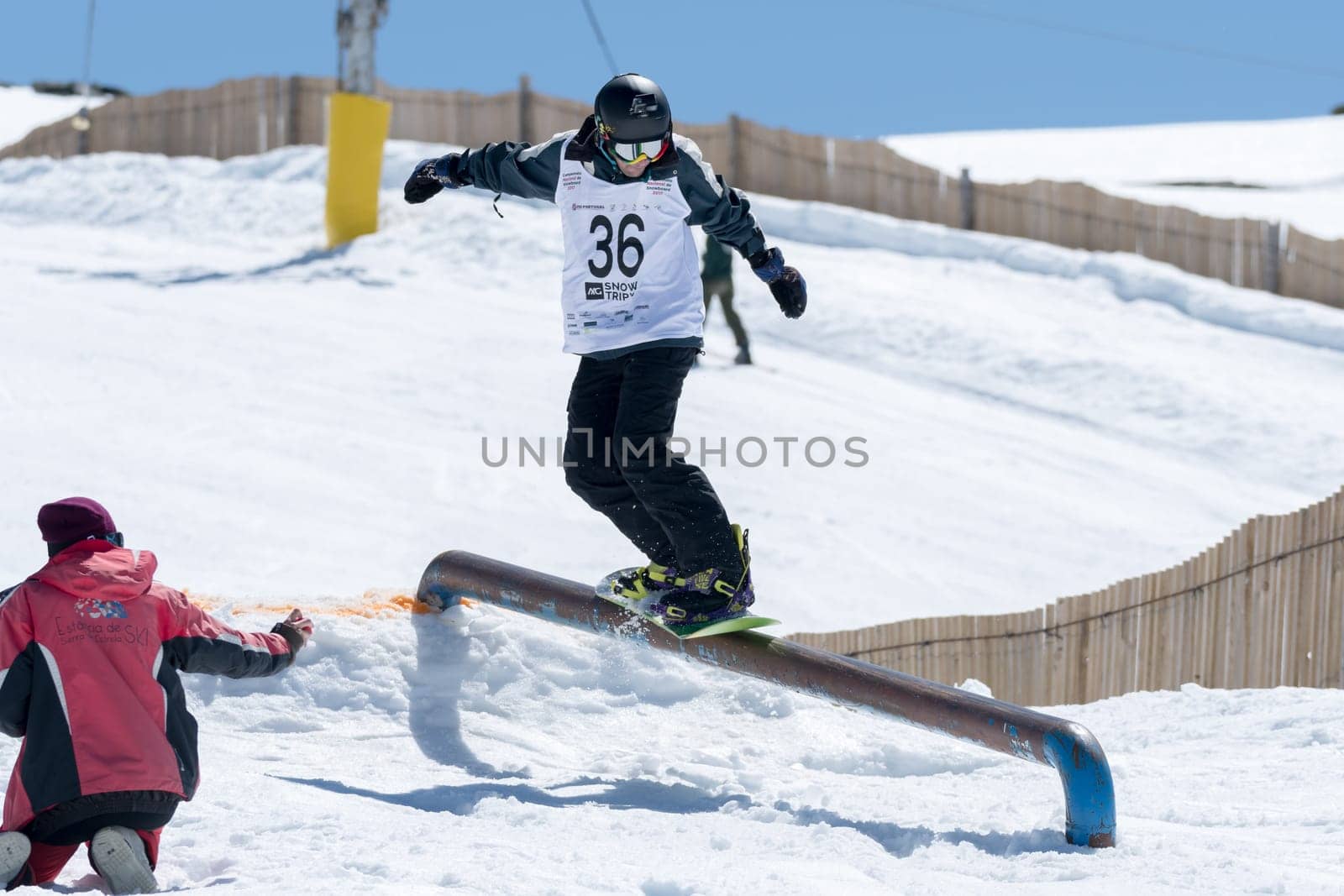 COVILHA, PORTUGAL - APRIL 2, 2017:  Pedro Sezulfe during the National Snowboard  Championships at Serra da Estrela, Covilha, Portugal.