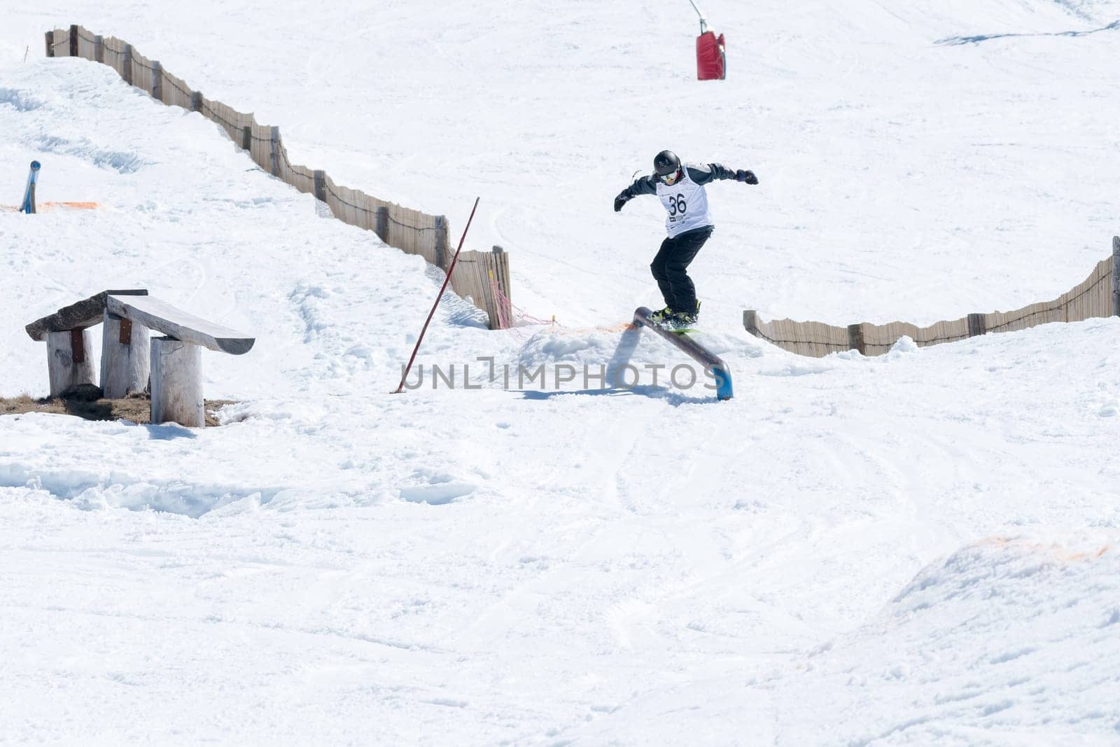 COVILHA, PORTUGAL - APRIL 2, 2017:  Pedro Sezulfe during the National Snowboard  Championships at Serra da Estrela, Covilha, Portugal.