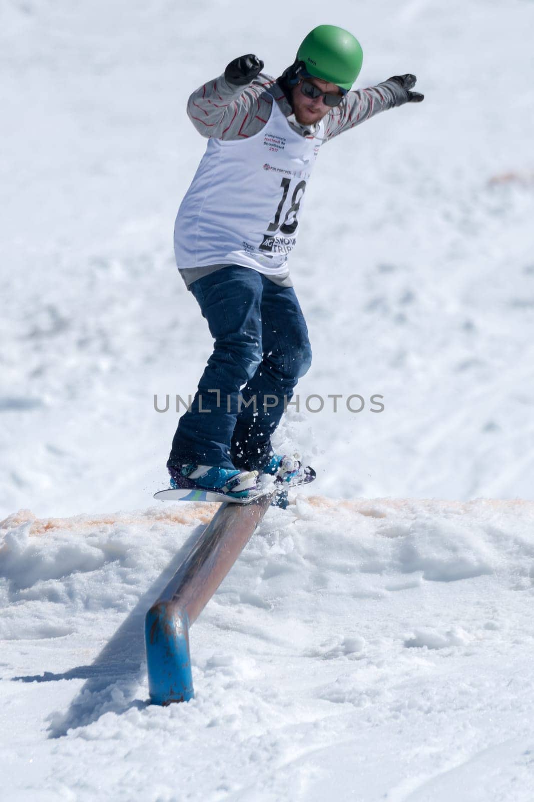 COVILHA, PORTUGAL - APRIL 2, 2017:  Diogo Pombeiro during the National Snowboard  Championships at Serra da Estrela, Covilha, Portugal.