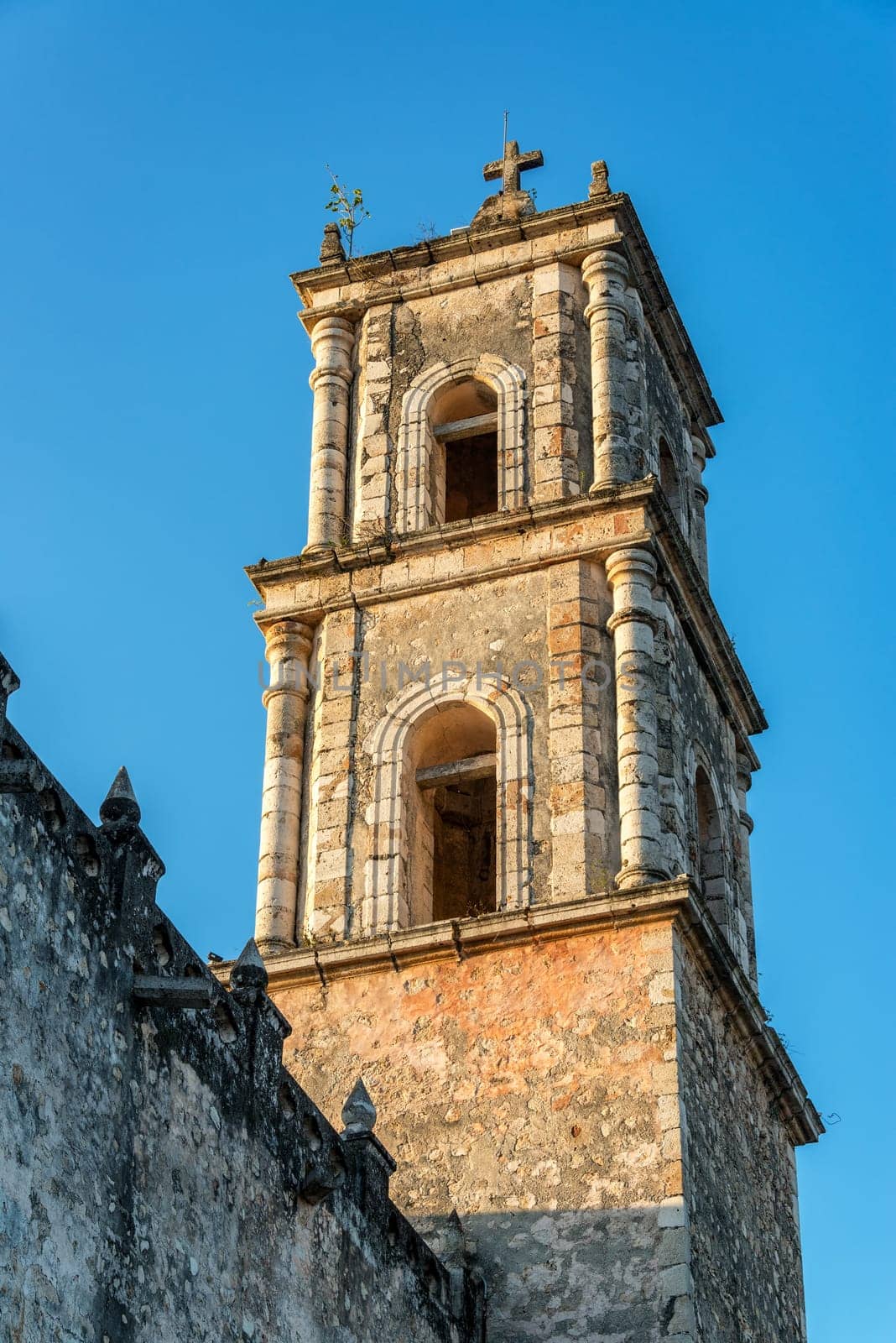 Closeup of the spire of the beautiful cathedral in Valladolid, Mexico