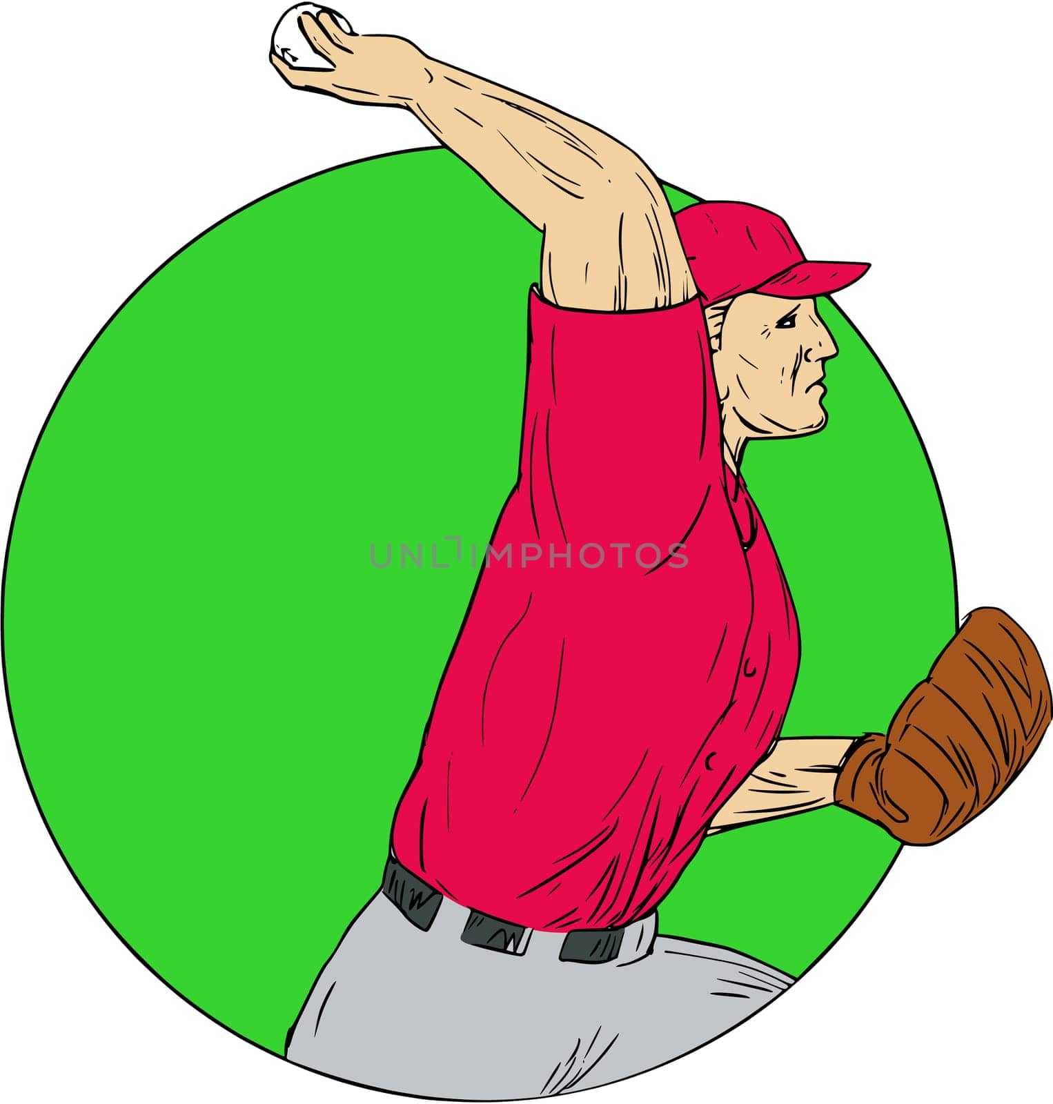Drawing sketch style illustration of an american baseball player pitcher outfilelder throwing ball viewed from the side set inside circle on isolated background.
