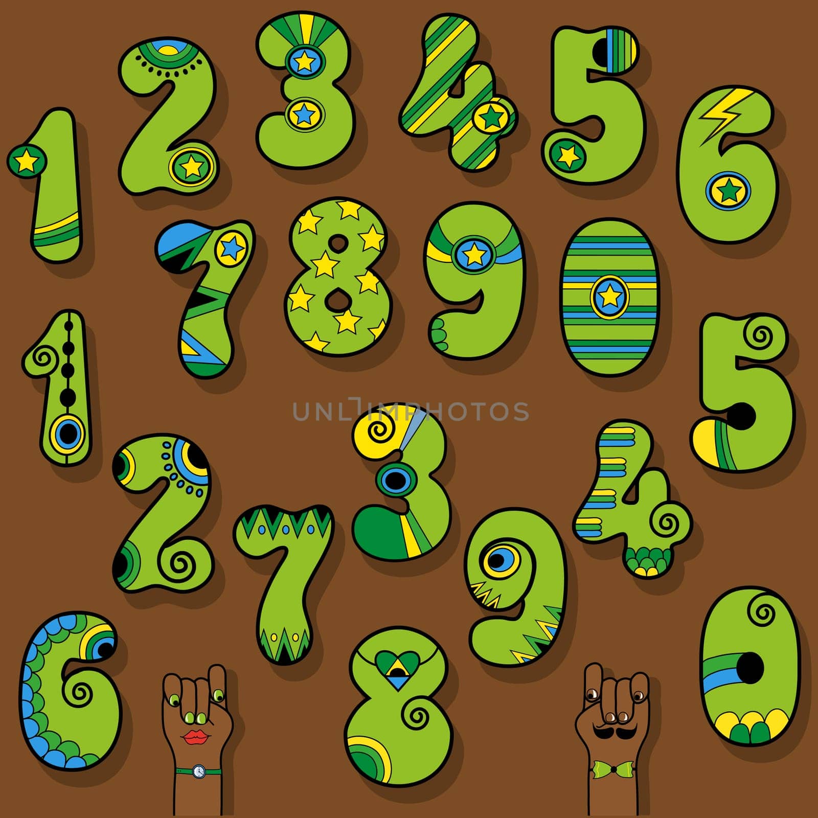 Set of Vintage Numerals. Green numbers with bright colorful decor. Superhero and Disco Style. Cartoon Hands. Illustration