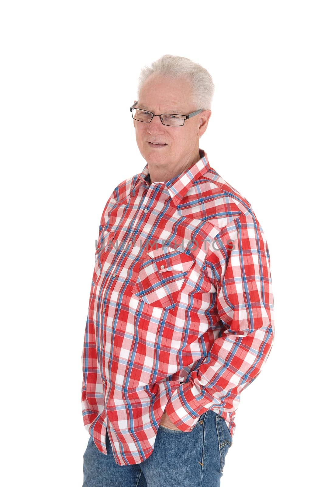 A closeup image of a white hair senior man in a checkered shirt and .glasses in profile, isolated for white background..