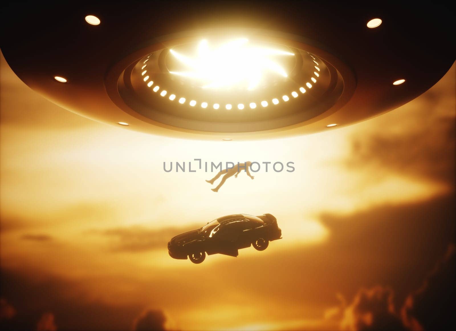 3D illustration. Man and his car floating to inside of alien ship. Concept of alien abduction.