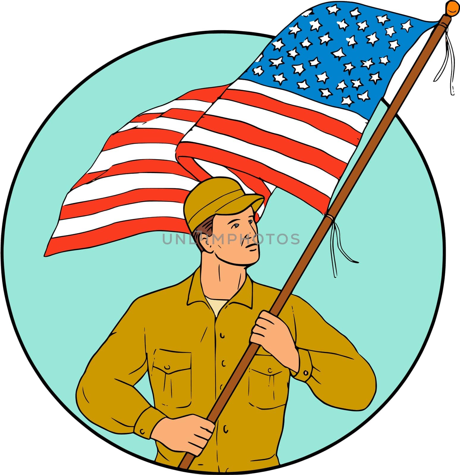 Drawing sketch style illustration of an american soldier serviceman waving holding usa flag looking to the side set inside circle on isolated background.