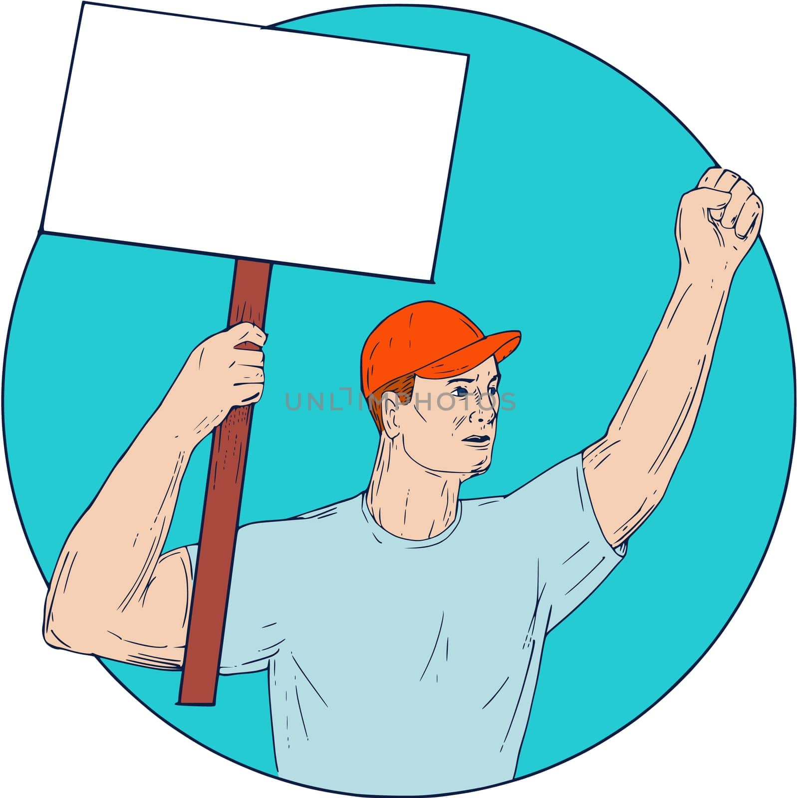 Drawing sketch style illustration of a unionl worker protester activist unionist  protesting striking with fist up holding up a placard sign looking to the side set inside circle on isolated background.