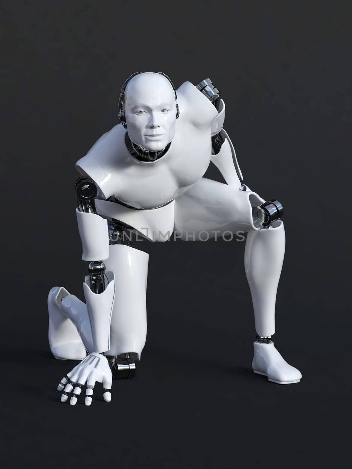 3D rendering of male robot crouching. Dark background.