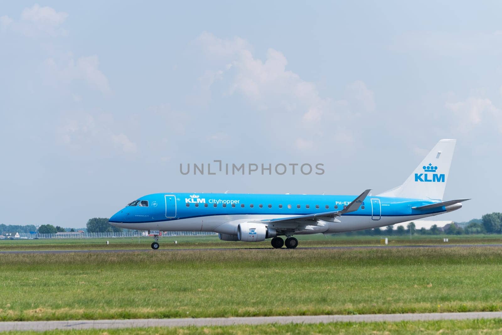 SCHIPHOL, NETHERLANDS - JUNE 4, 2016: KLM airplane takes off at amsterdam international airport. There are 163 destinations served by KLM