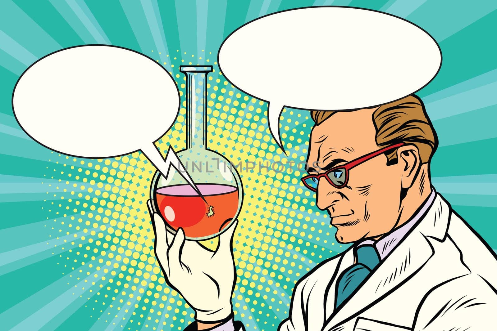 Scientist chemist talks about the analysis. Pop art retro comic book vector illustration