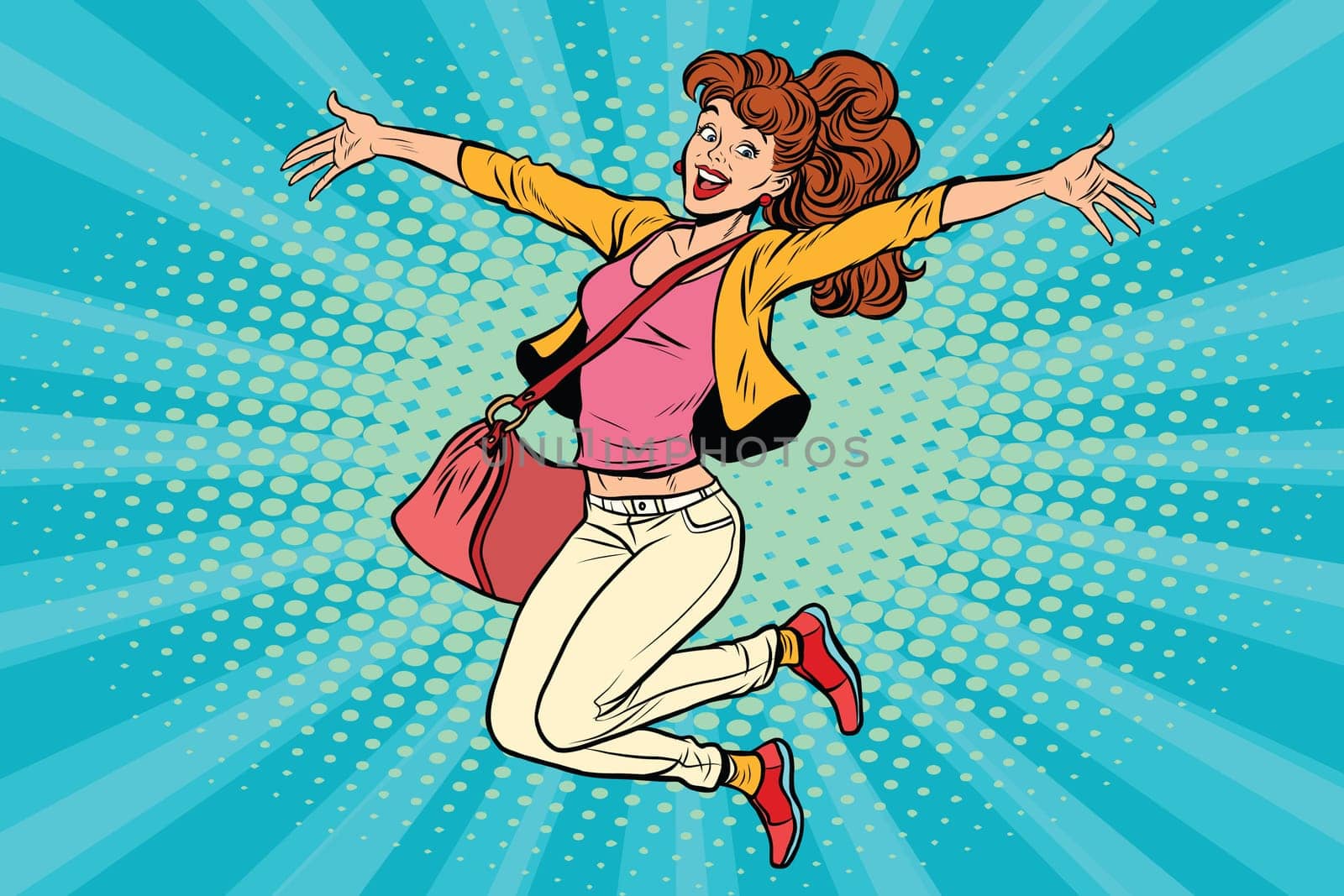 young woman jumping, lifestyle. Pop art retro comic book vector illustration