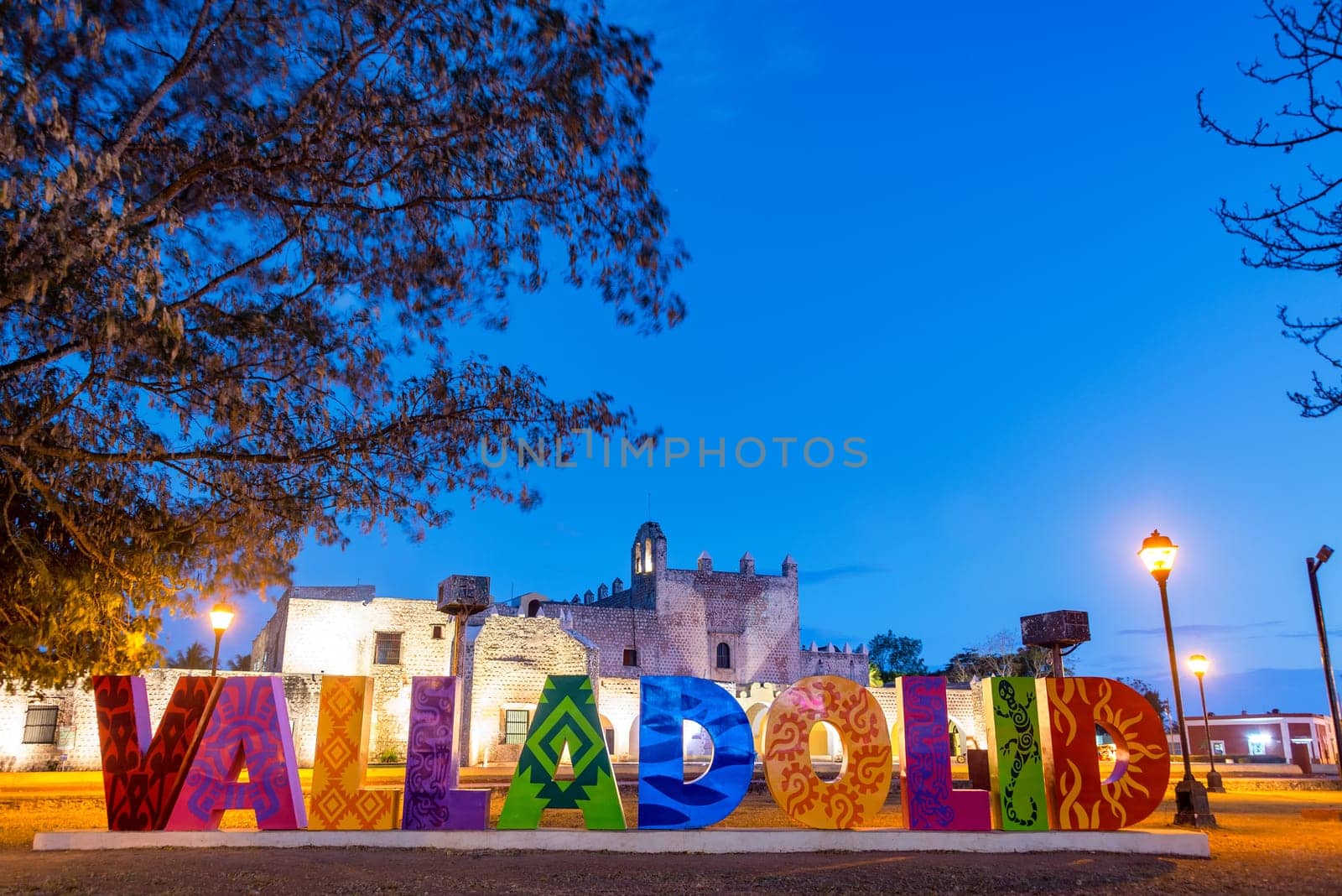 Night view of Valladolid sign and San Bernardino Convent in Valladolid, Mexico