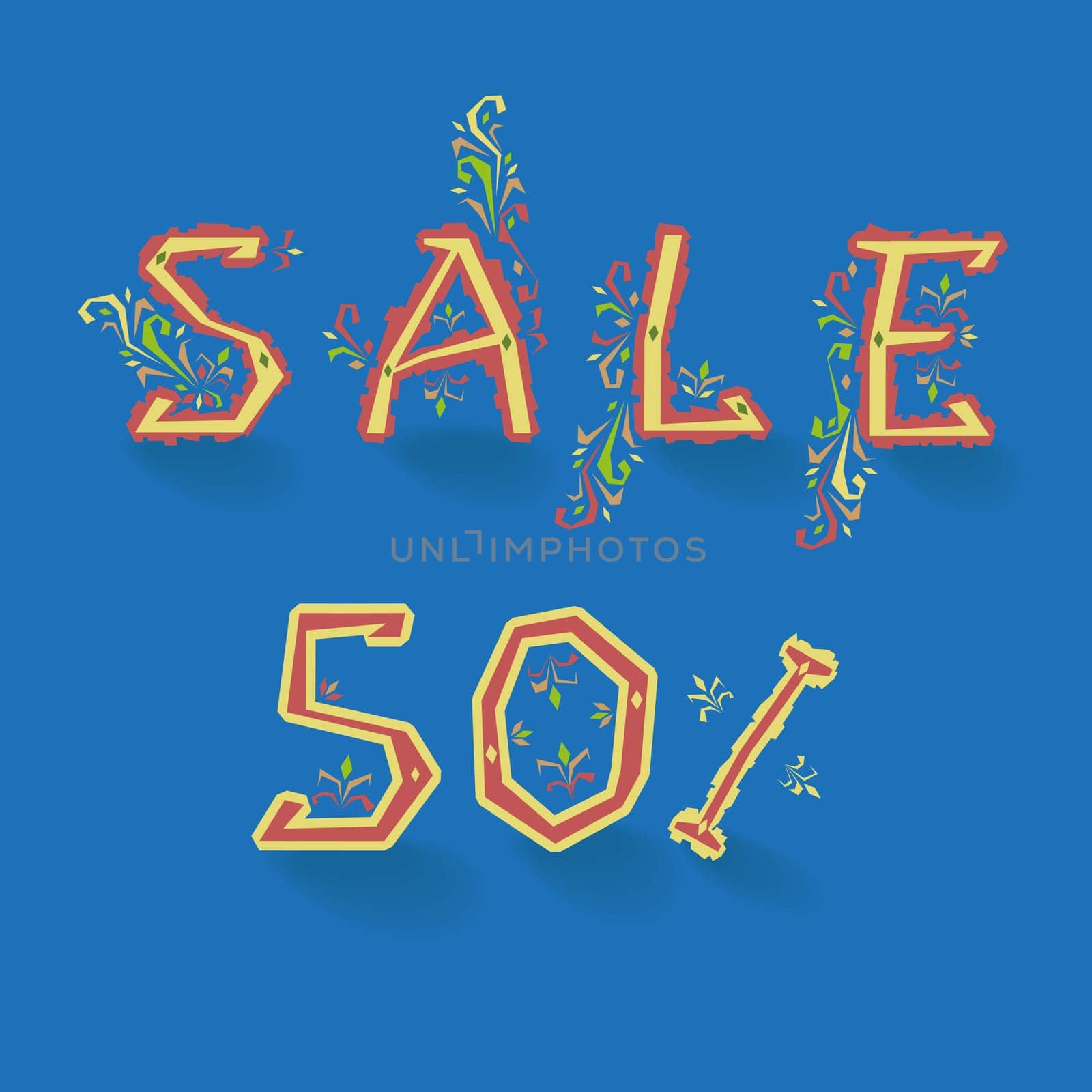 Inscription Sale. Fifty percents. Artistic font. Delicate letters with floral pattern. Illustration