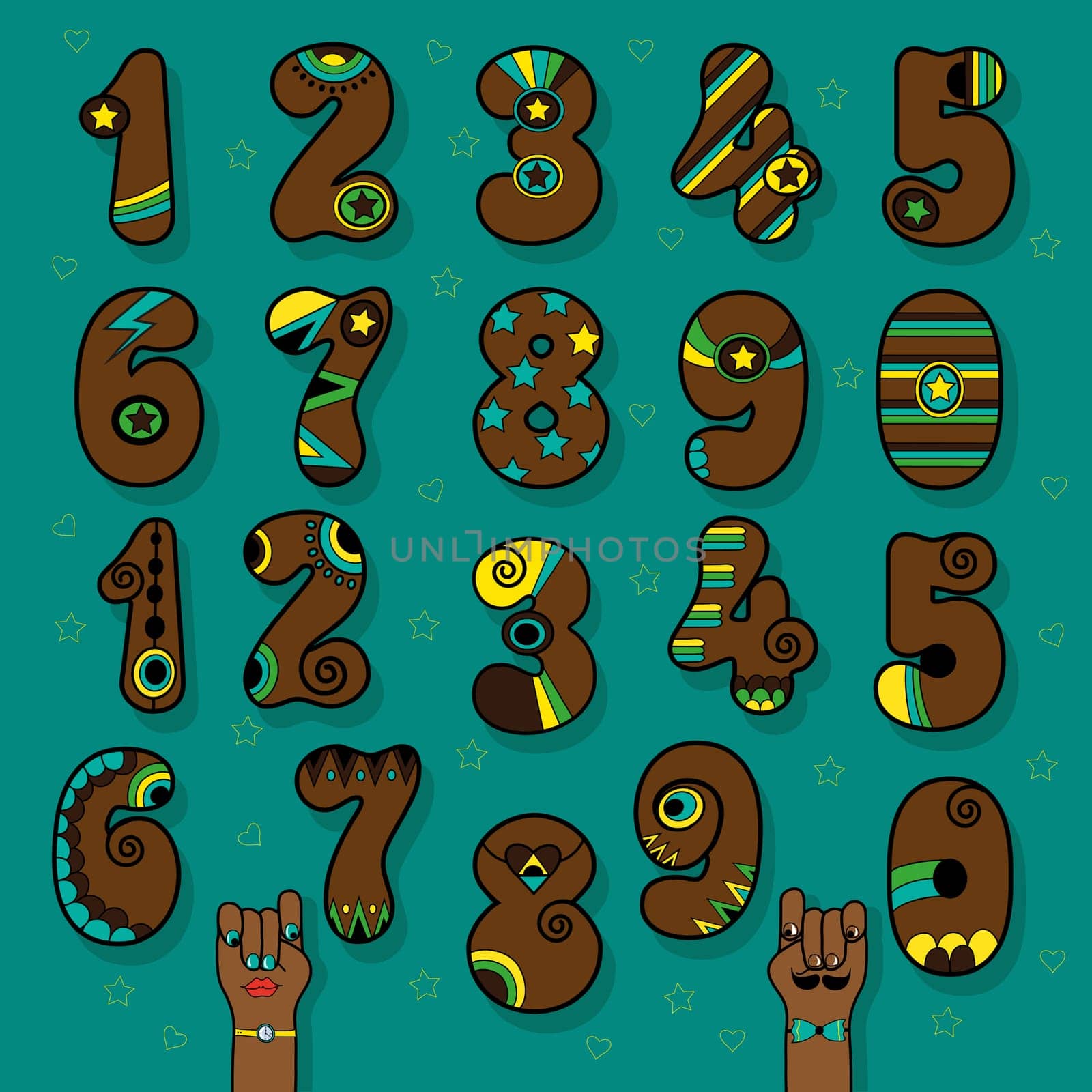 Set of Vintage Numerals. Brown symbols with bright colorful decor. Superhero and Disco Style. Cartoon Hands. Illustration