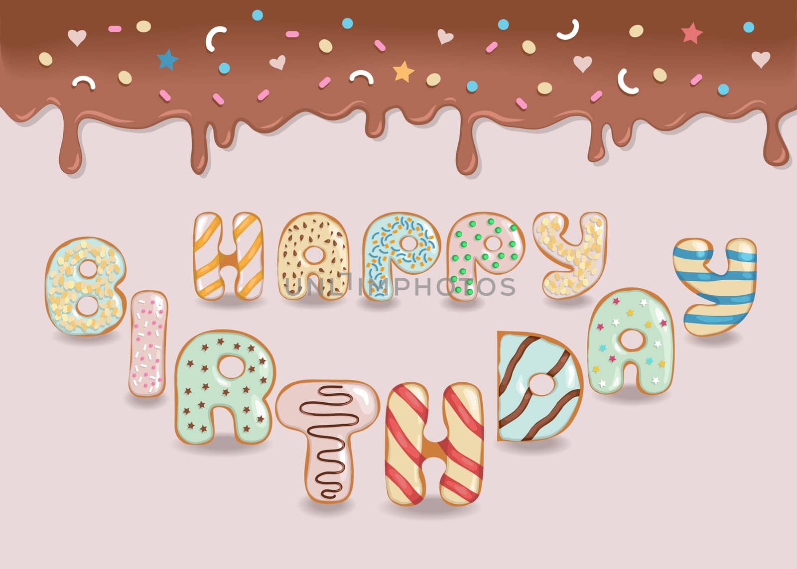 Happy Birthday Inscription. Letters are as Sweet Donuts with colorful cream decor. Illustration