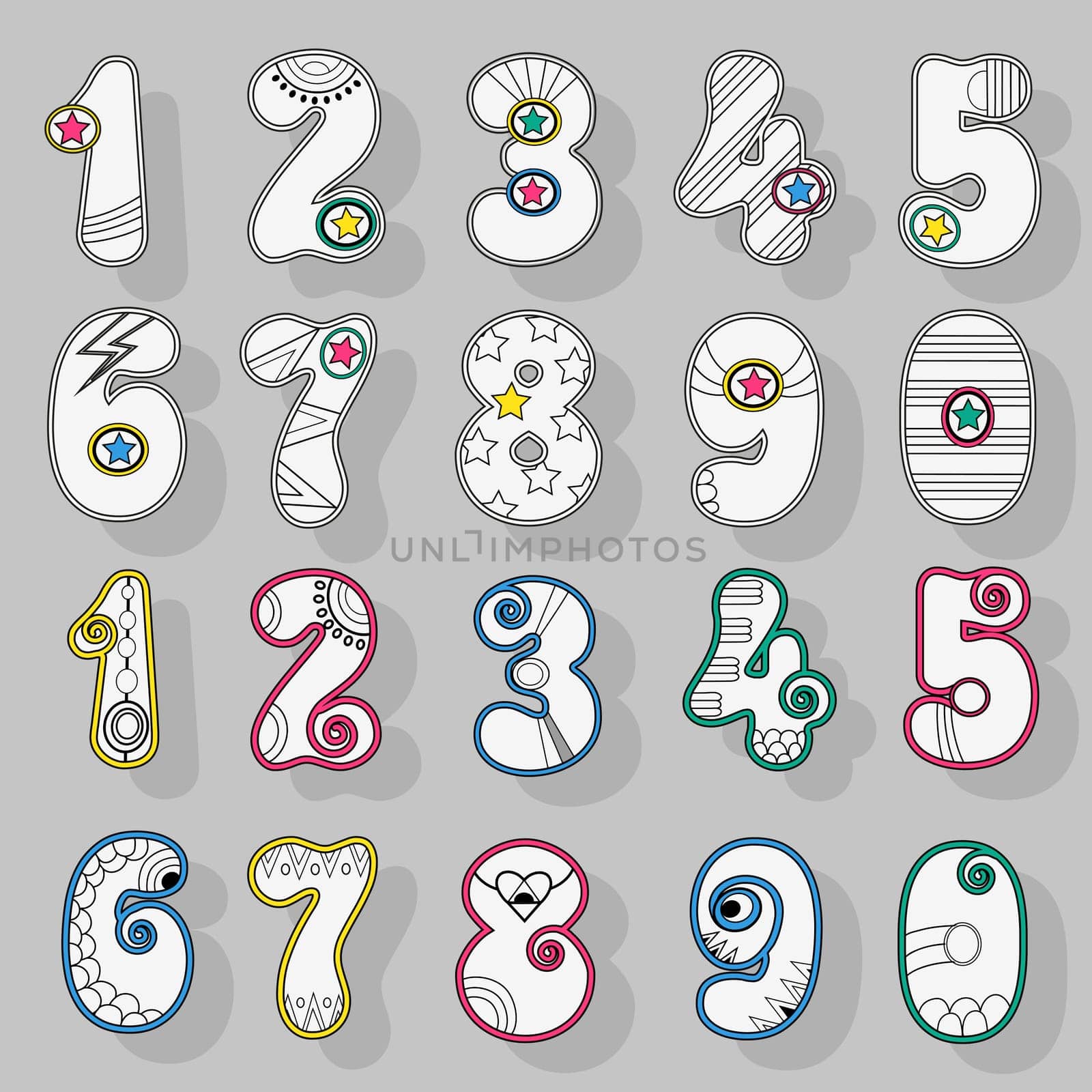 Set of artistic Numerals. White signs with bright colorful decor. Superhero and Disco Style. Illustration