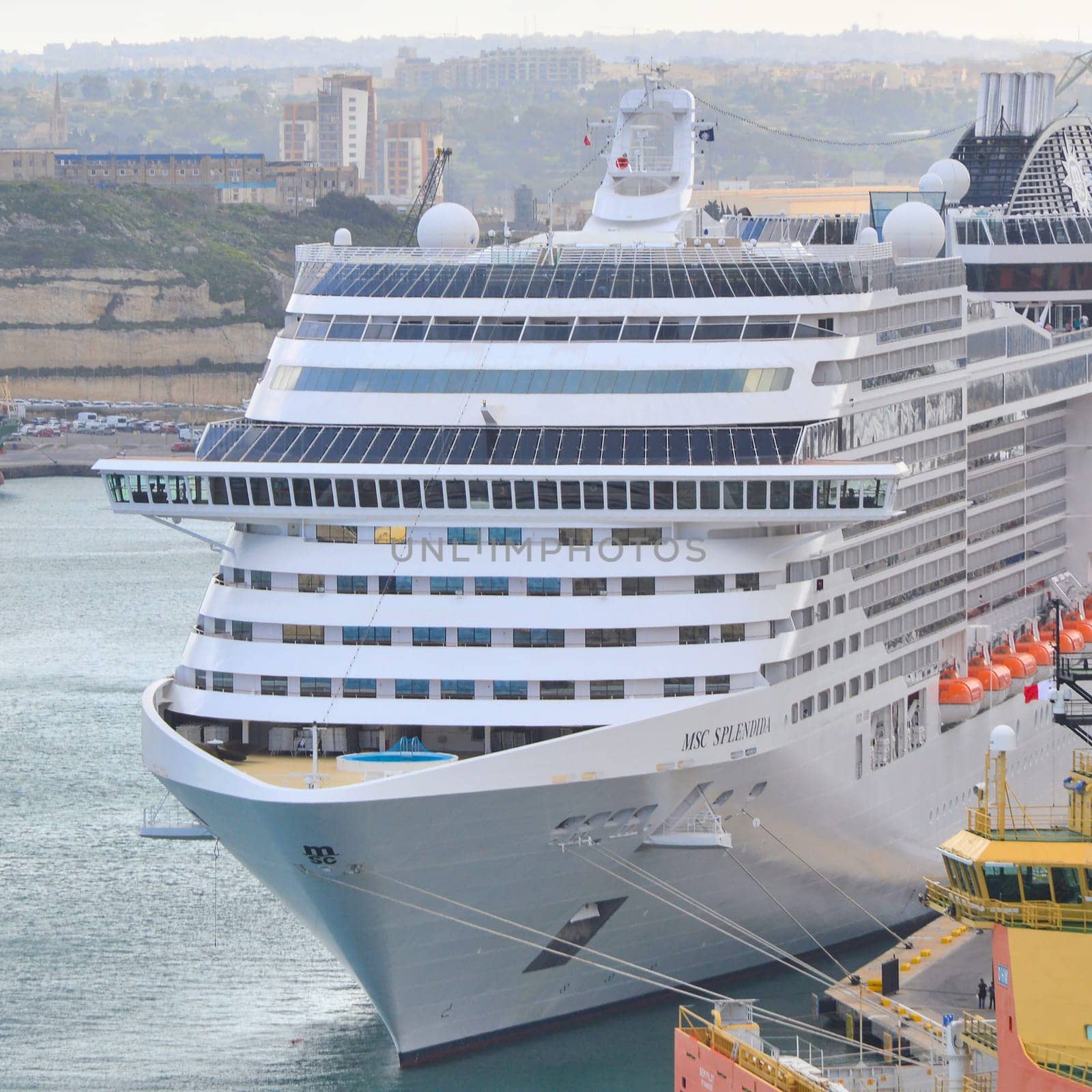 Valletta, Malta - February 26, 2017: Front view MSC Splendida luxury cruise ship moored in port of Valletta