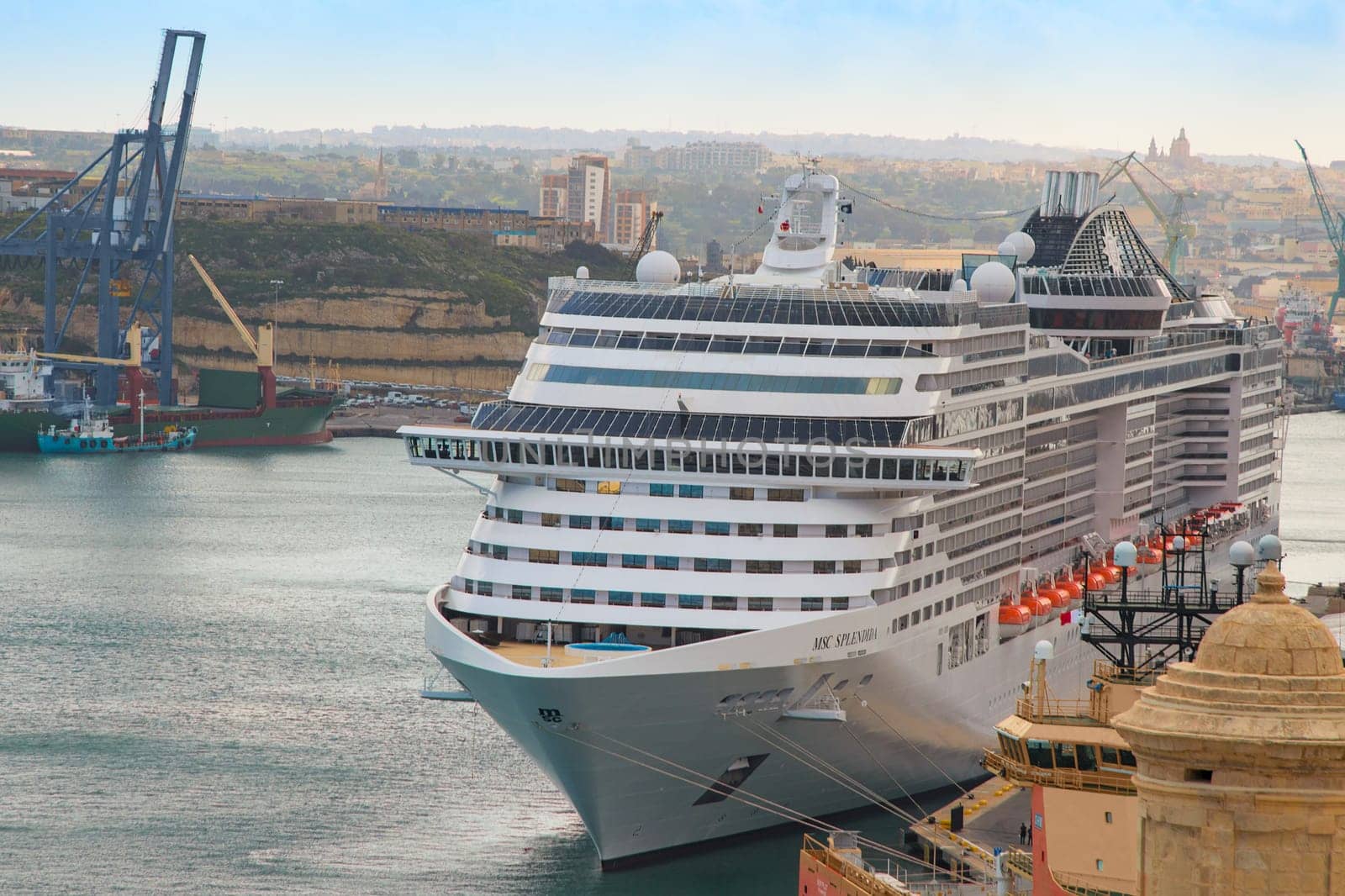 Valletta, Malta - March 1, 2017: Front view of MSC Splendida luxury cruise ship moored in Maltese port Valletta