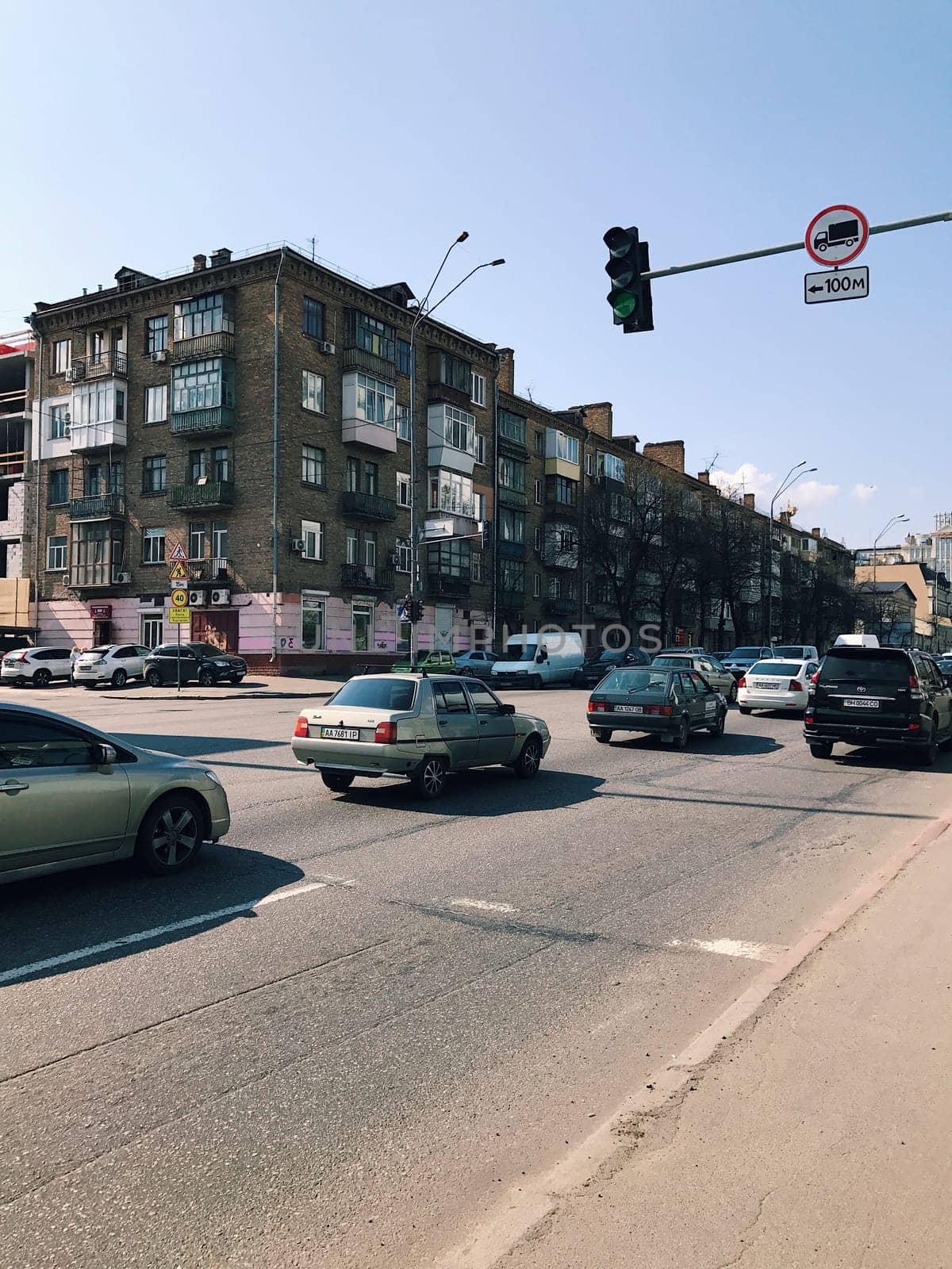 Kiev, Ukraine - April 04, 2017: Traffic in a big city on a bridge cityscape