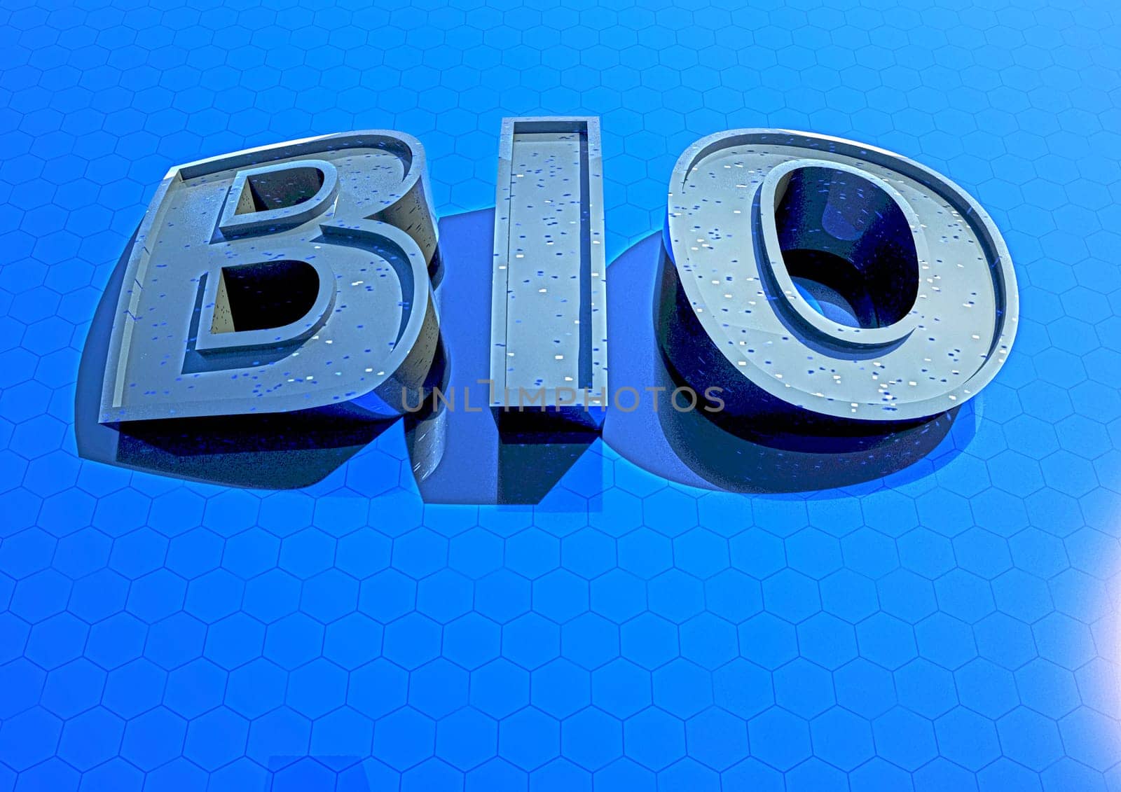 BIO. Glass text on plastic background. 3D rendering.