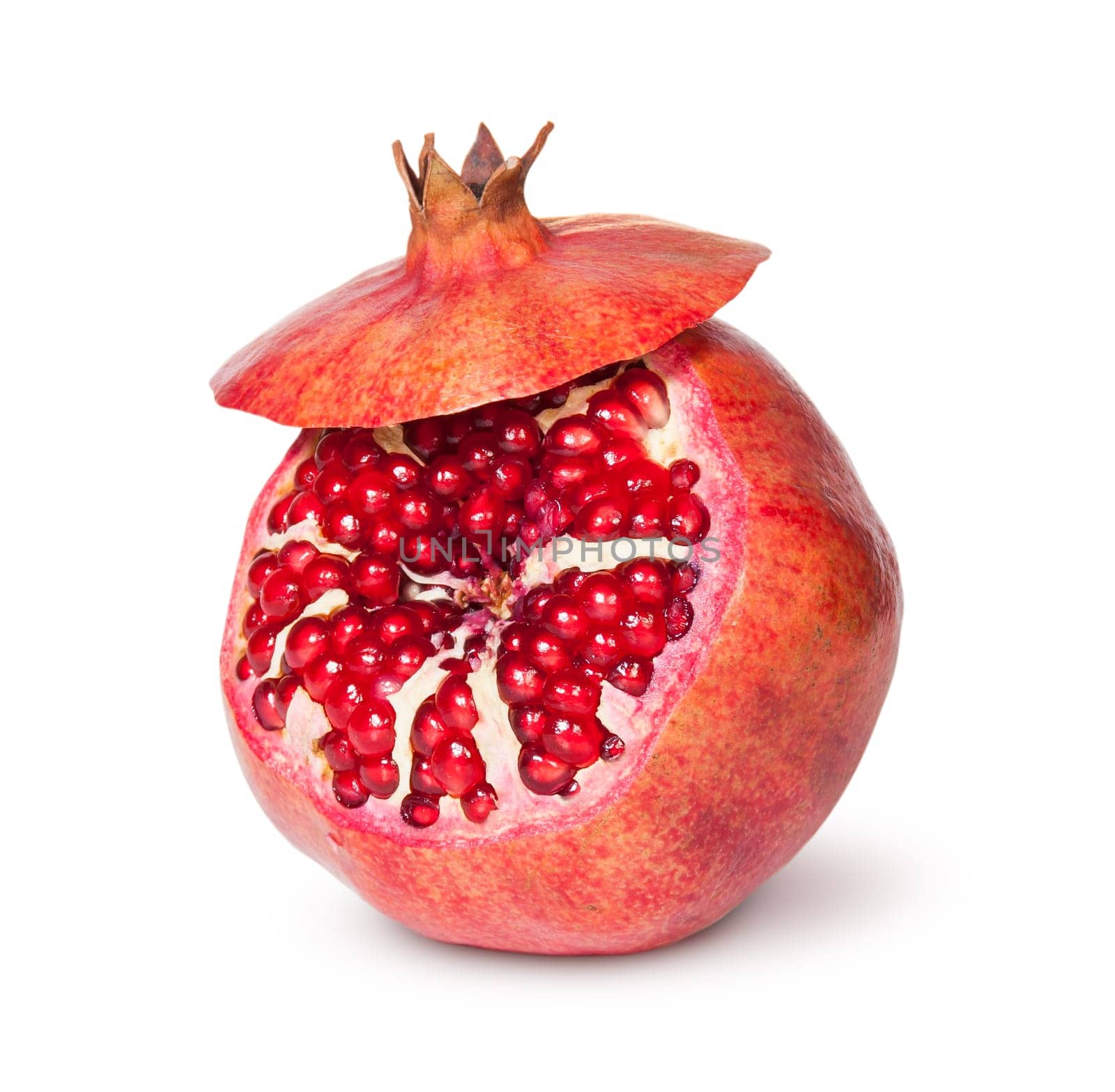 Delicious Exotic Pomegranate Fruit With Lid Isolated On White Background