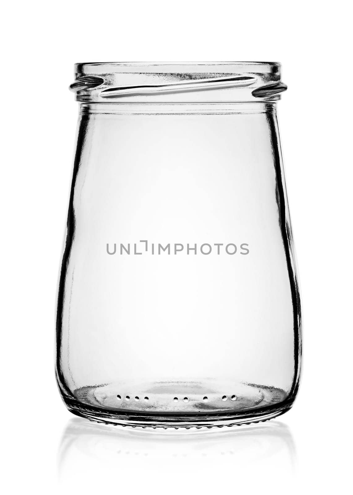 Empty glass jar without cap isolated on white background