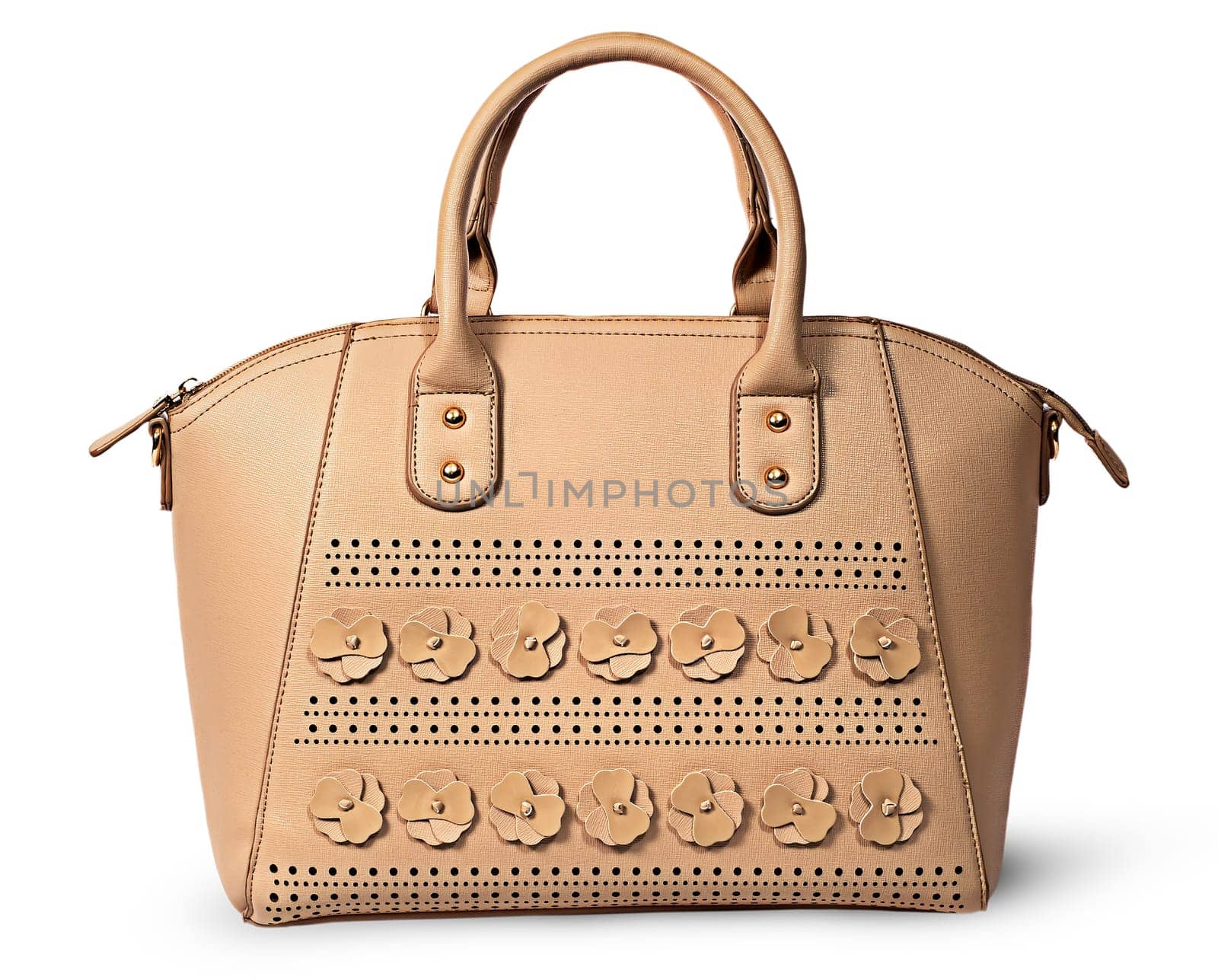 In front elegant women beige handbag isolated on white background