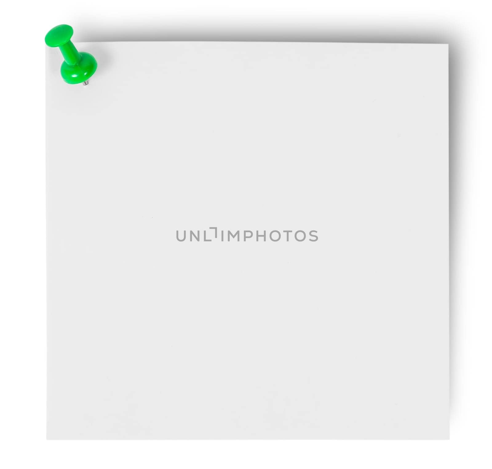 White sticker pinned green office pin isolated on white background