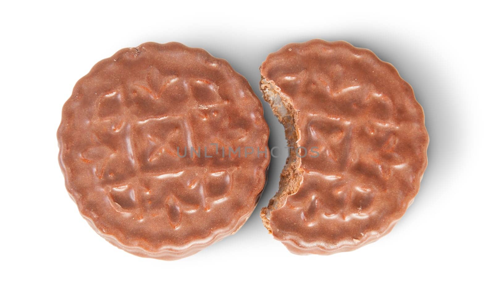 Whole And Bitten Off Chocolate Cookies Lying Next Isolated On White Background