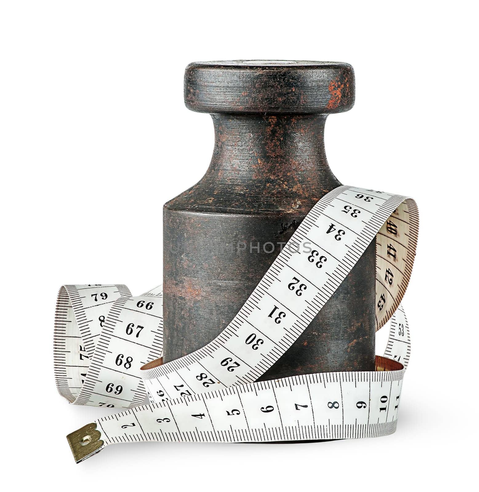 Old rusty weight wrapped centimeter isolated on white background