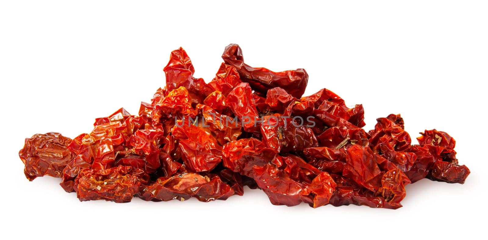 Pile of ripe red dried tomatoes isolated on white background