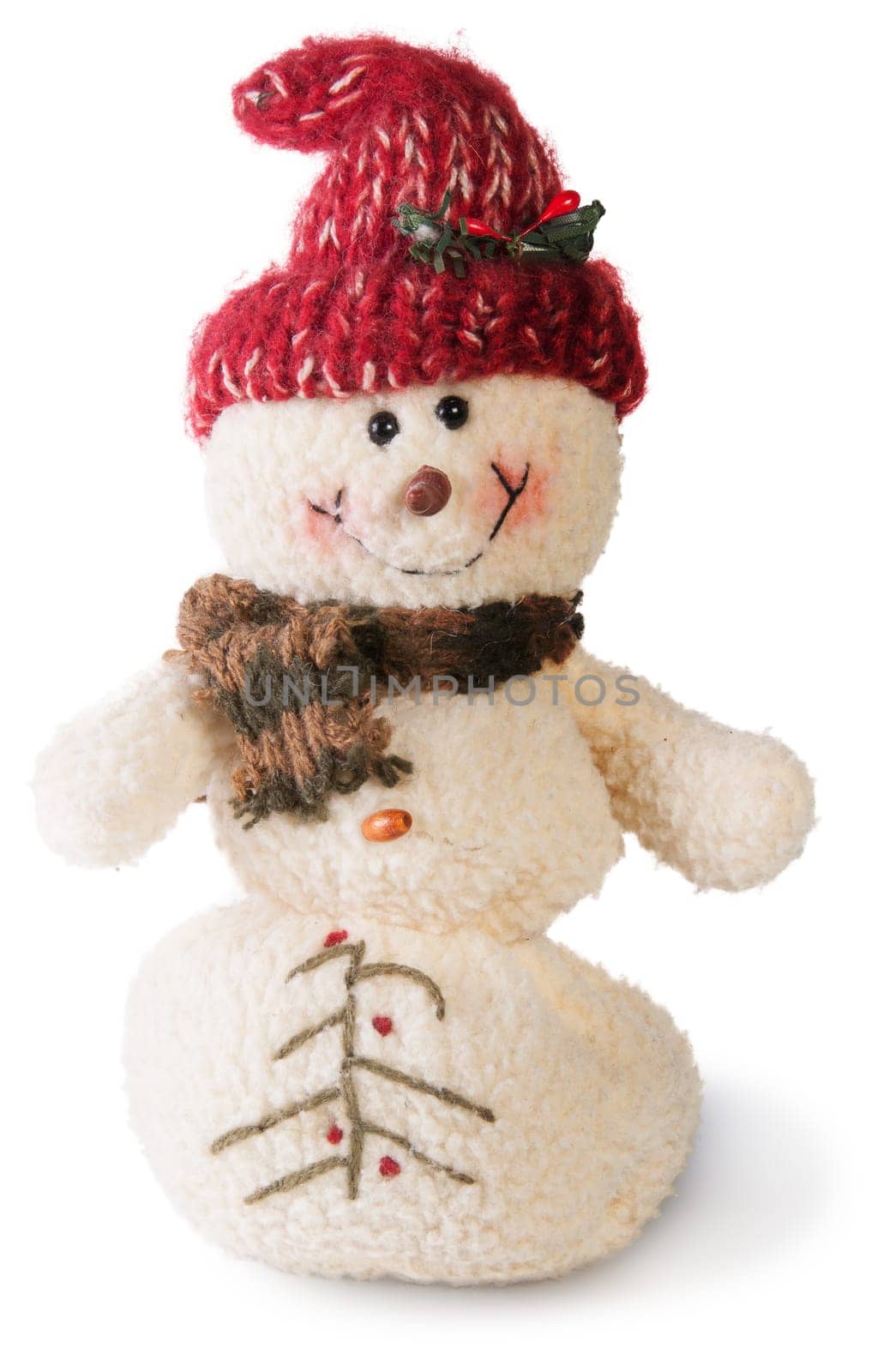 Smiling snowman toy dressed in scarf and cap isolated on white background