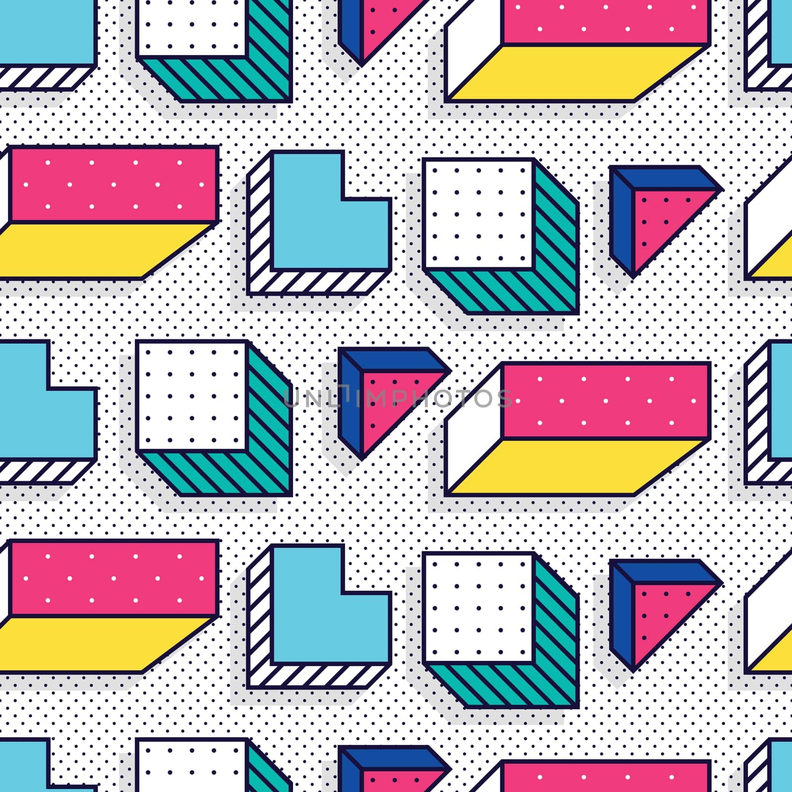 Seamless pattern in 90 80 style with simple geometric elements shapes