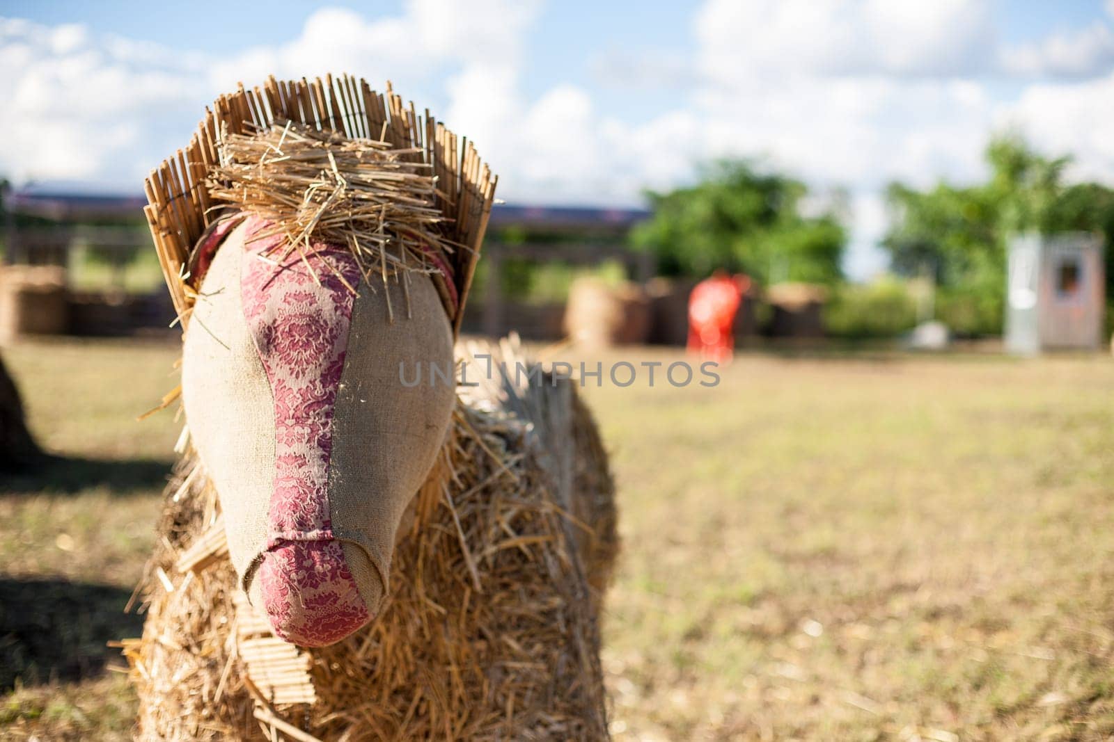 Eco clear hay bale. Agriculture field Wheat yellow golden harvest in summer