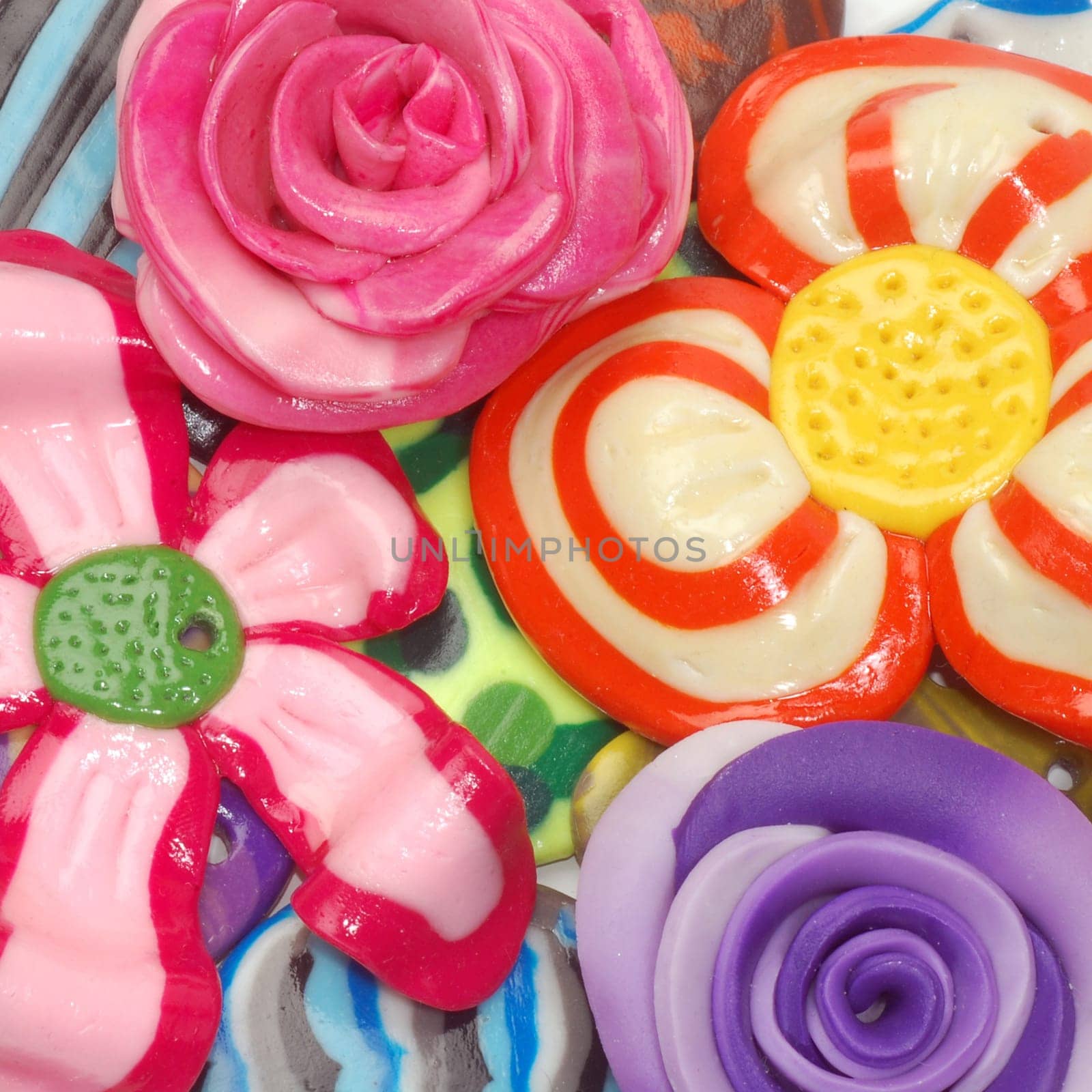These are unique, handmade colorful jewels from plasticine.