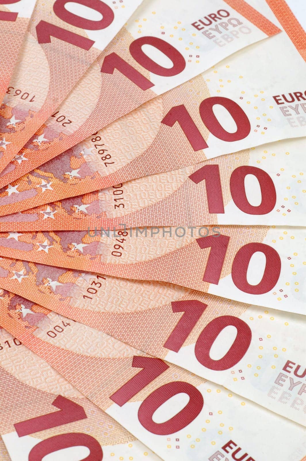 Euro banknotes of ten euro.