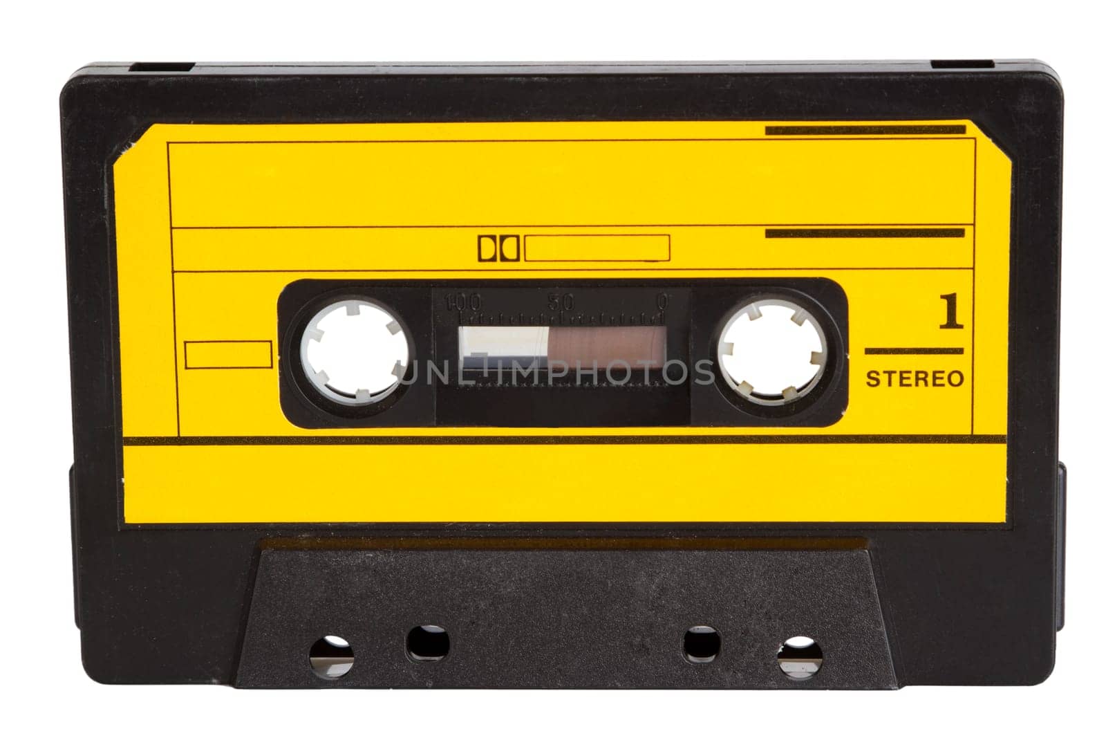 Cropped music cassette on white background