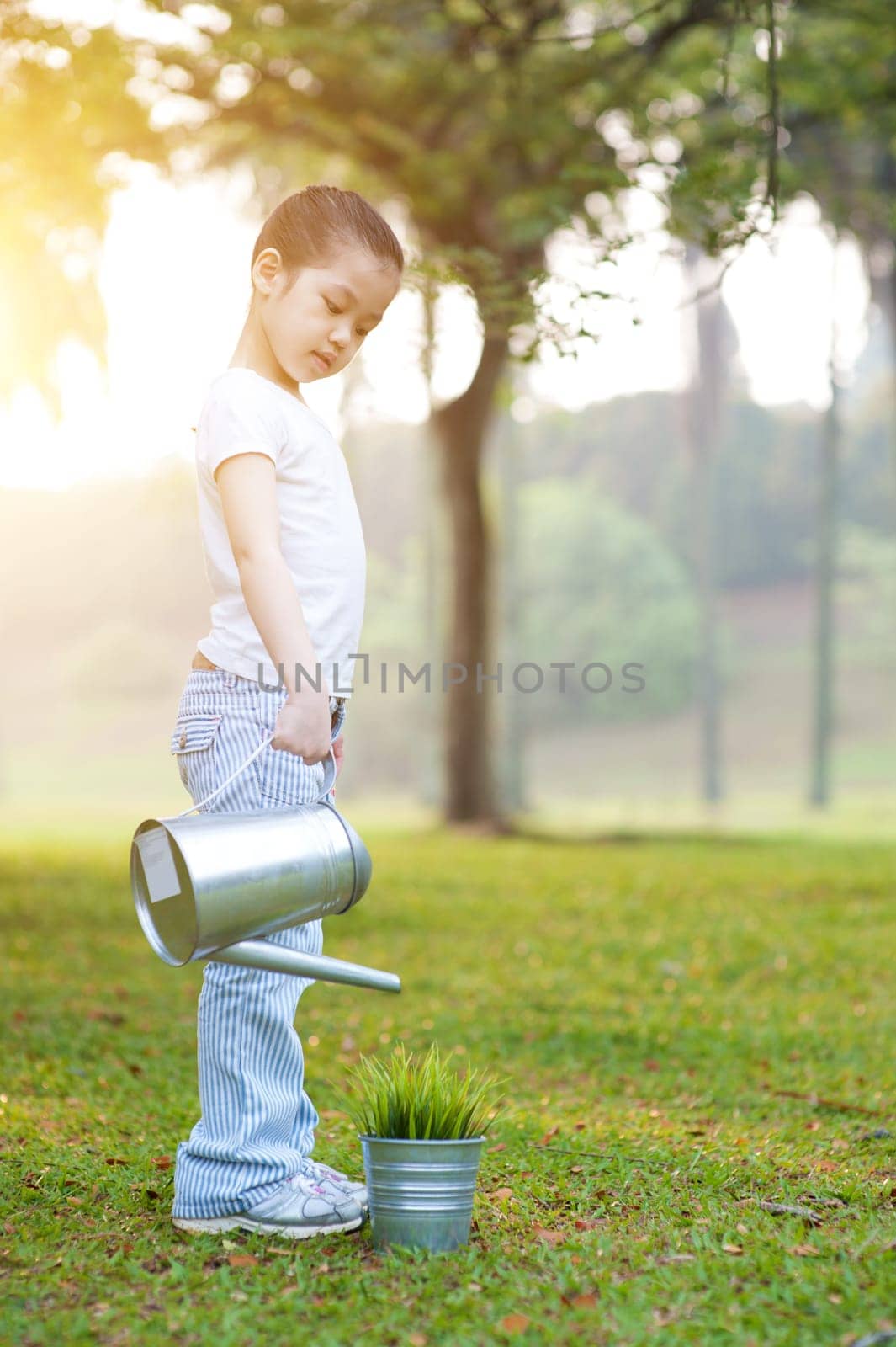 Portrait of active Asian child watering plant outdoors. Little girl having fun at nature park. Morning sun flare background.