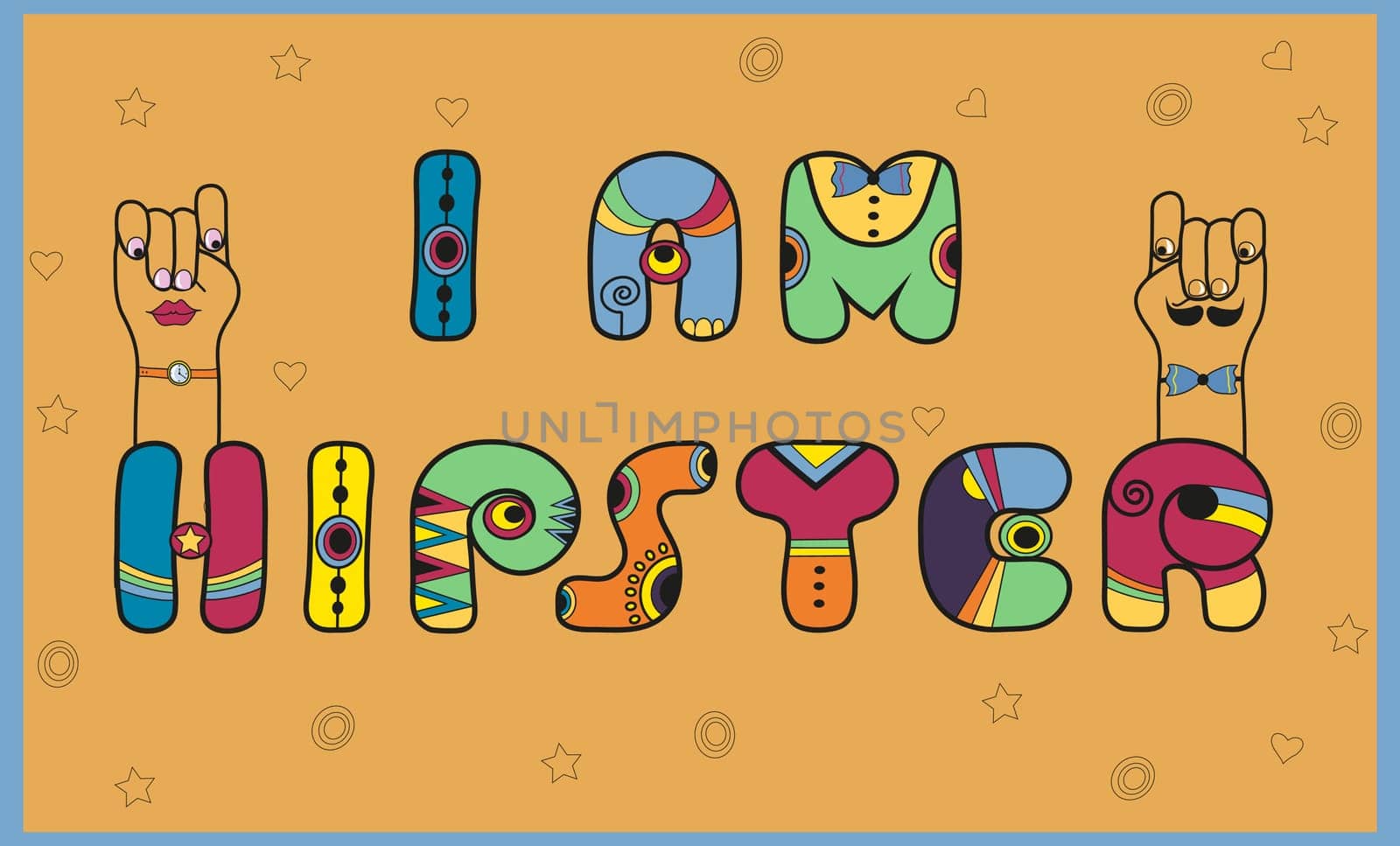 Inscription I am Hipster. Unusual artistic font. Colorful letters. Cartoon hands looking at each other. Illustration.