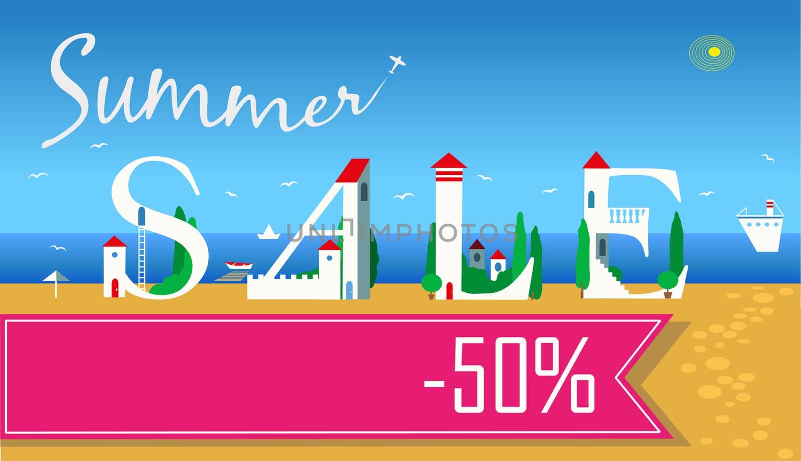 Inscription Summer Sale. Fifty percents. Artistic font. Cute white houses on the coast. Plane in the sky. Pink banner for custom text. Summer beach. Illustration.