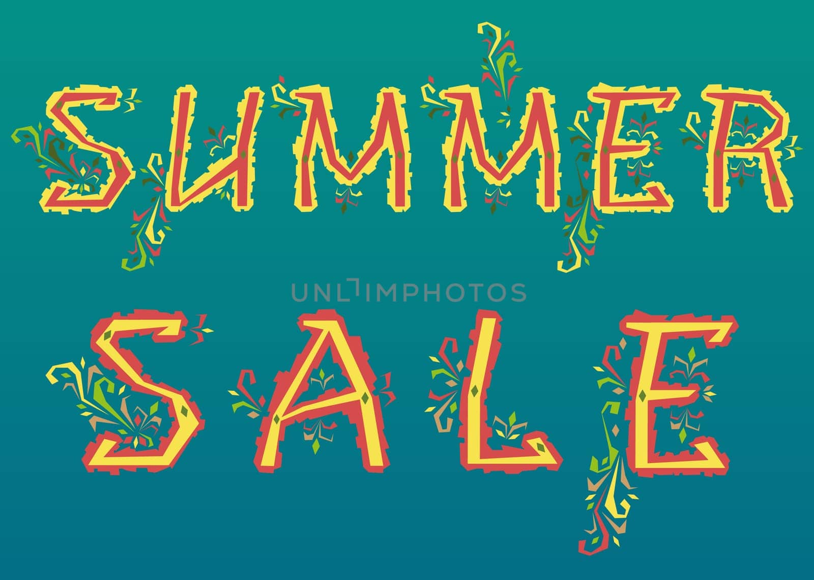 Inscription Summer Sale. Floral artistic font. Delicate letters with floral decor. Illustration.