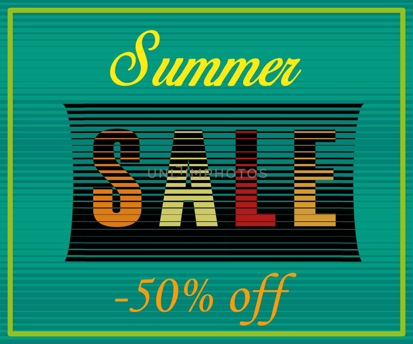 Summer Sale Inscription. Fifty percents off. Striped Colorful Letters. Illustration.