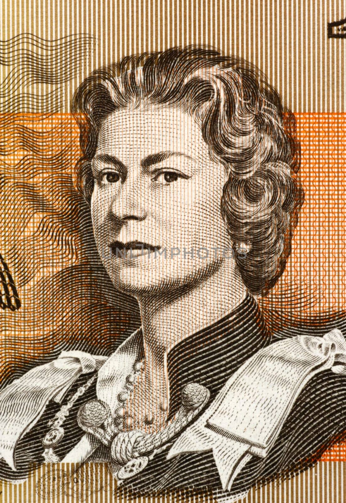 Queen Elizabeth II  (born 1926) on 1 Dollar 1966 banknote from Australia. Queen of the United Kingdom.