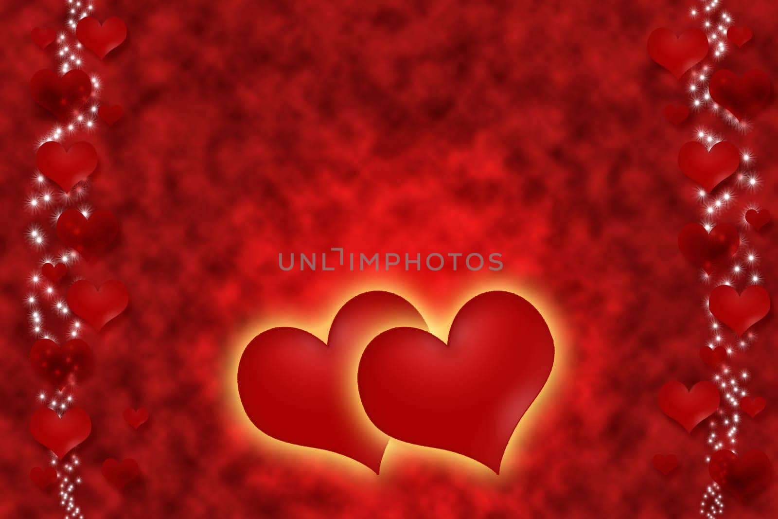 Two hearts with a golden glow are located at the bottom of the image in the red smoke.The small red hearts with stars are in the right and left edges of the image. Everything on a red background.