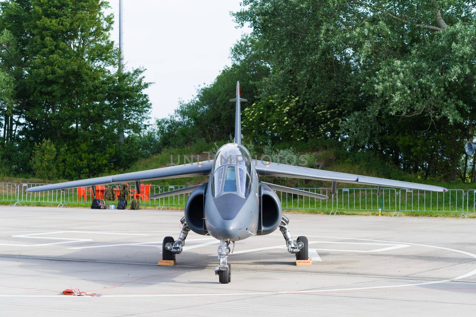 LEEUWARDEN, NETHERLANDS - JUNE 10, 2016: parked dassault-dornier alpha jet fighter at the dutch air force open days