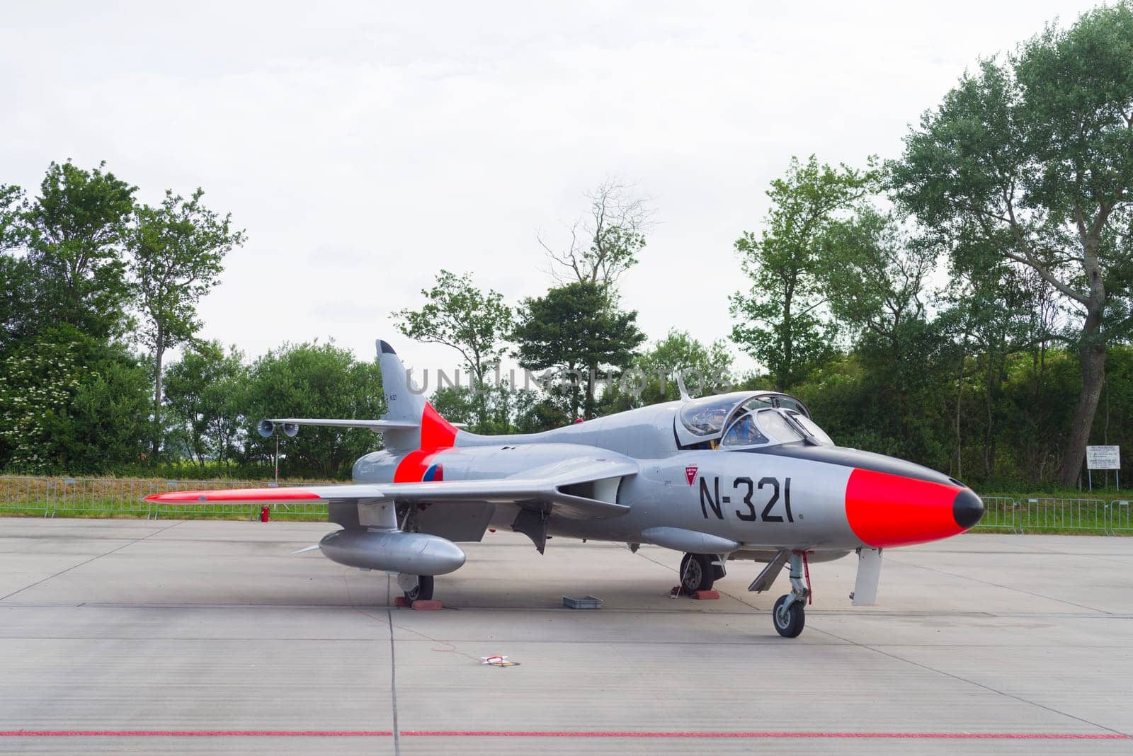 LEEUWARDEN, NETHERLANDS - JUNI 10 2016:  Hawker Hunter T.8C G-BWGL/N-321 fighter at the air force days in Leeuwarden