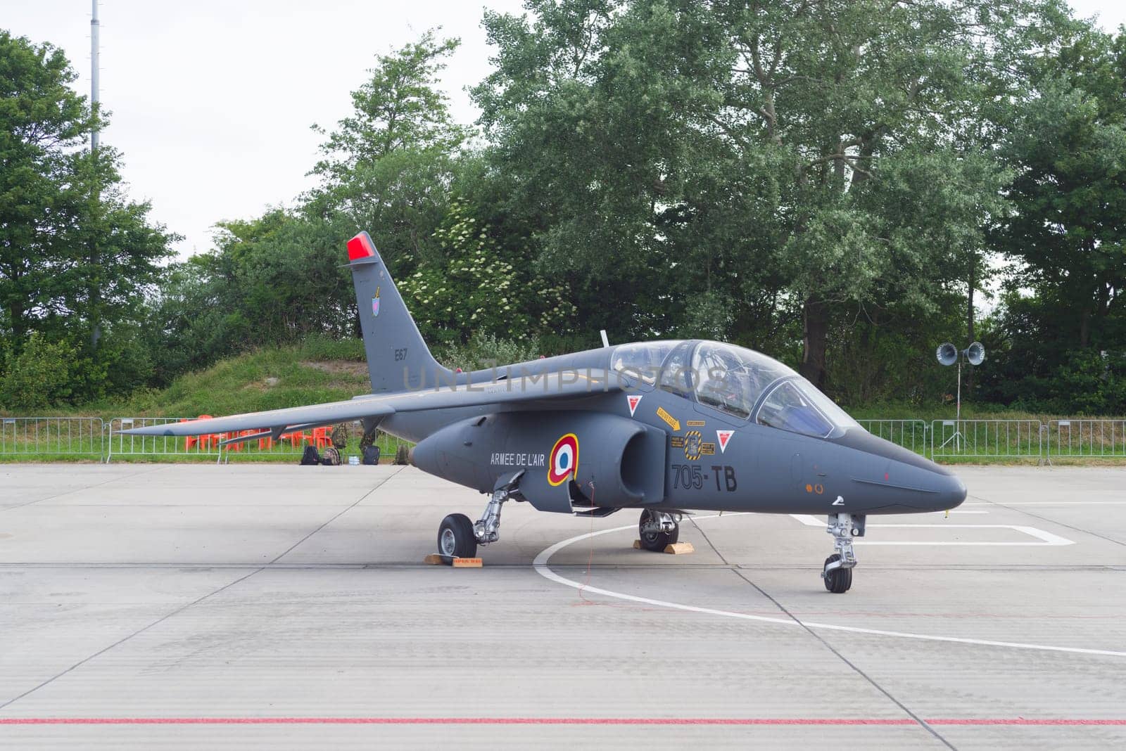 LEEUWARDEN, NETHERLANDS - JUNE 10, 2016: parked dassault-dornier alpha jet fighter at the dutch air force open days