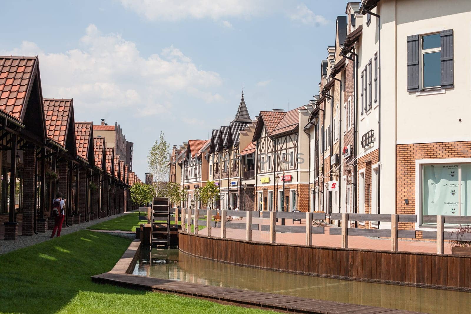 Kyiv, Ukraine - July 31, 2014: Village outlet Manufacture, dutch village with shops, modern architecture in fachwerk style