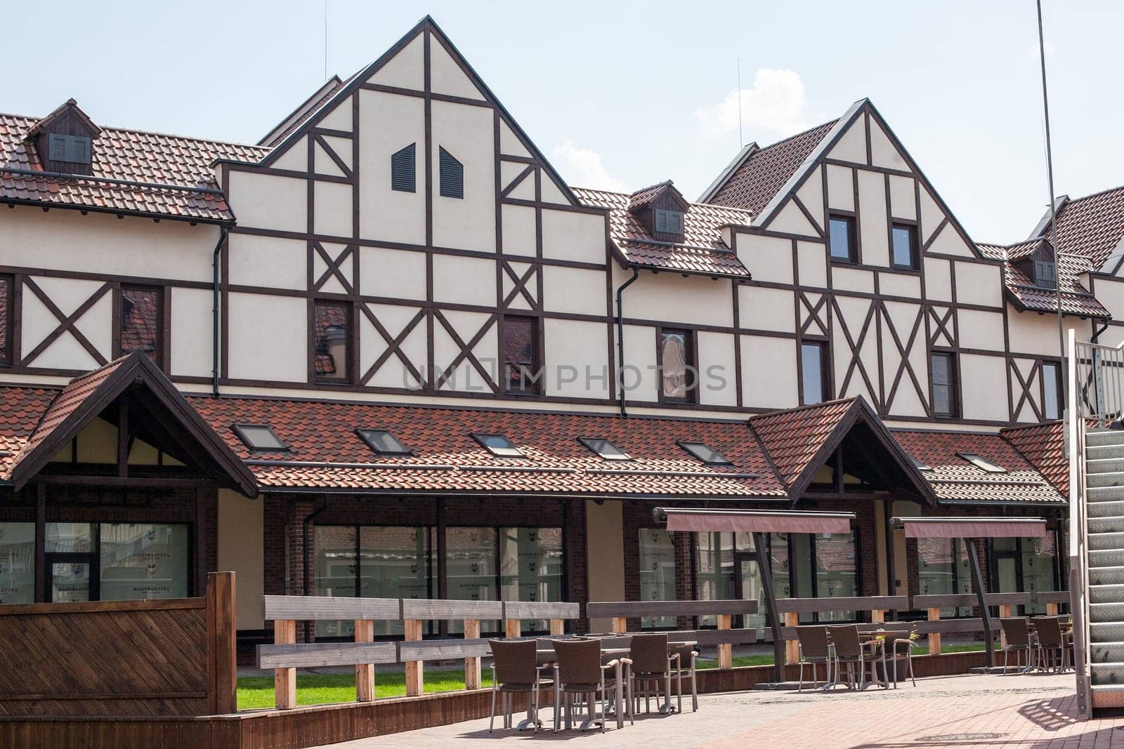 Kyiv, Ukraine - July 31, 2014: Village outlet Manufacture, dutch village with shops, modern architecture in fachwerk style