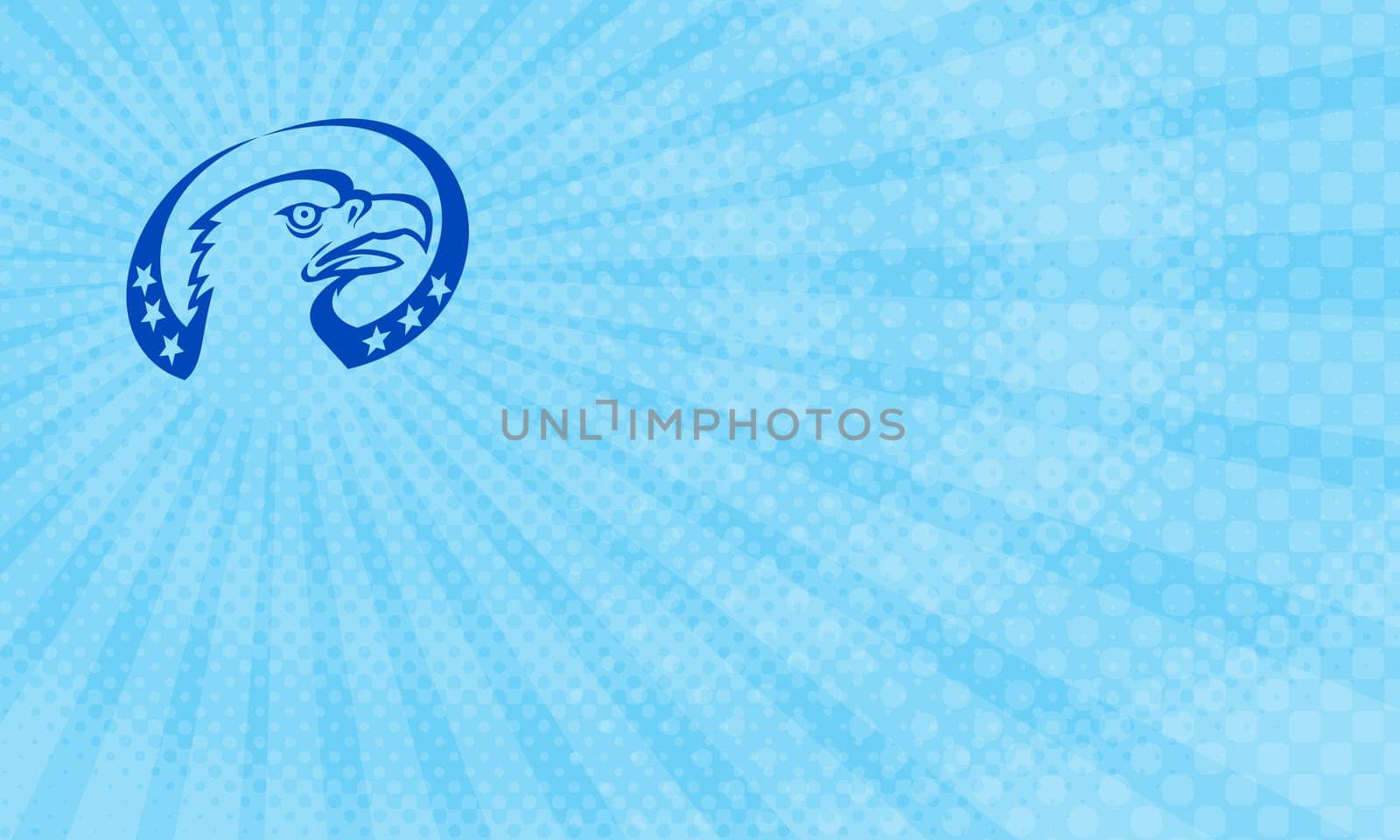 Business card showing Illustration of an american bald eagle head looking up to the side with stars done in retro style. ...